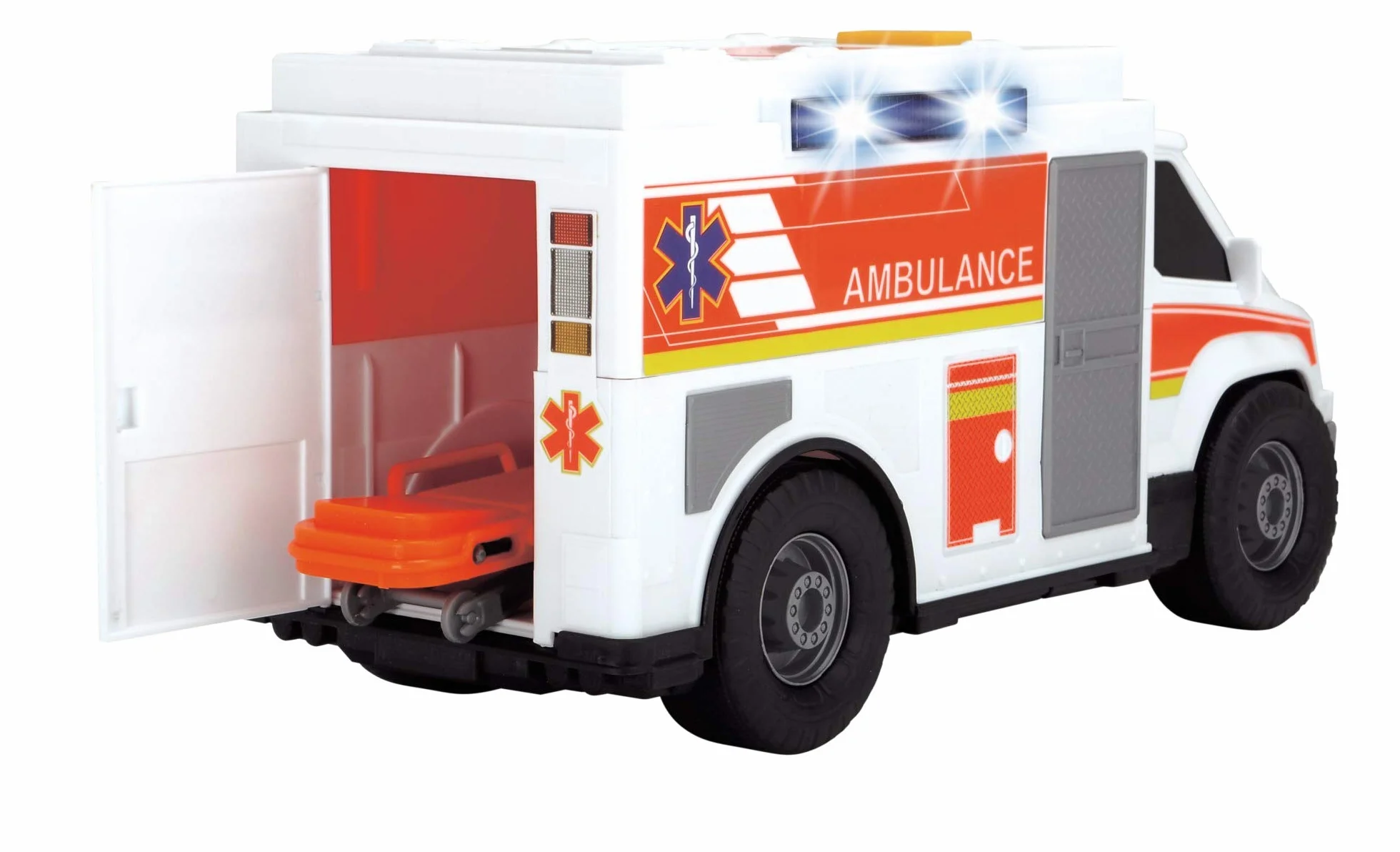 Dickie Toys 203306002 Ambulans Zabawkowa karetka, wózek ratowniczy, otwierane tylne drzwi, światło i realistyczne dźwięki, w zestawie baterie, rozmiar 30 cm, prezent dla dzieci od 3 lat