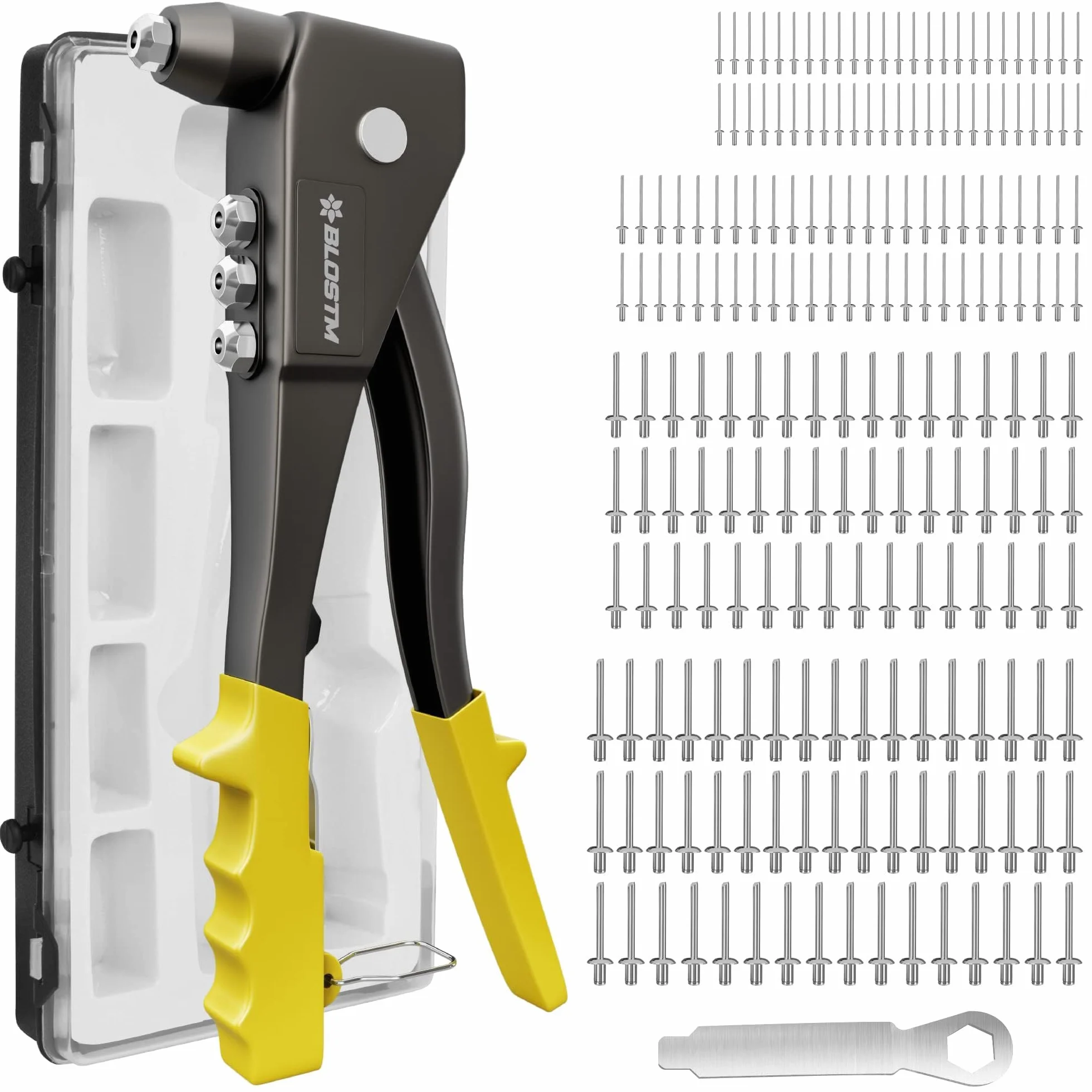 BLOSTM Pop Nitownica zestaw narzędzi z 200 nitami w 4 rozmiarach 2,4 mm 3,2 mm 4 mm 4,8 mm do metalu, drewna i tworzywa sztucznego