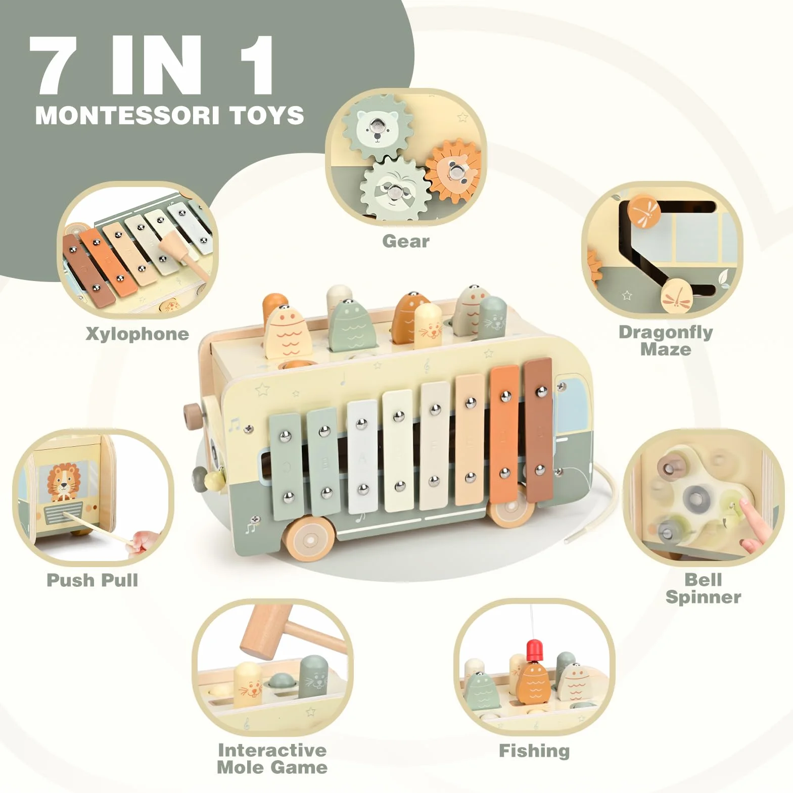 Vanplay Montessori zabawka dla dzieci od 1 roku życia, 7 w 1, gra z młotem, zabawka wędkarska, magnetyczna zabawka motoryczna, ksylofon dla dzieci 1 rok, prezent dla dzieci od 1, 2, 3 lat, dla
