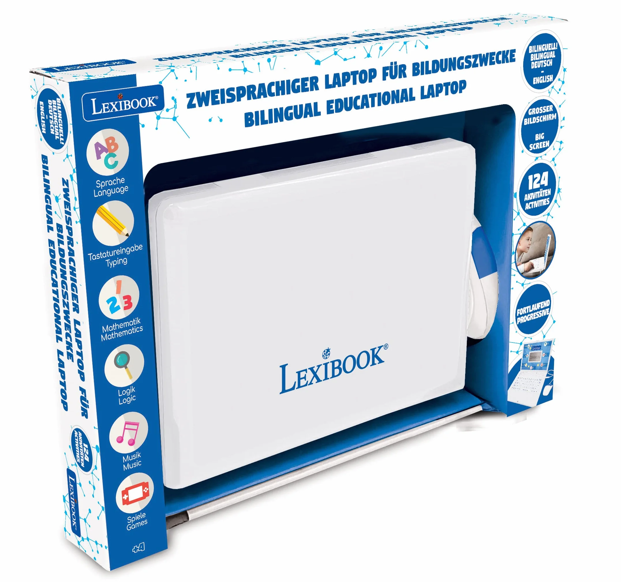 LEXIBOOK JC598i3 Dwujęzyczny Laptop Edukacyjny 124 Aktywności Niemiecki Angielski Niebieski Biały