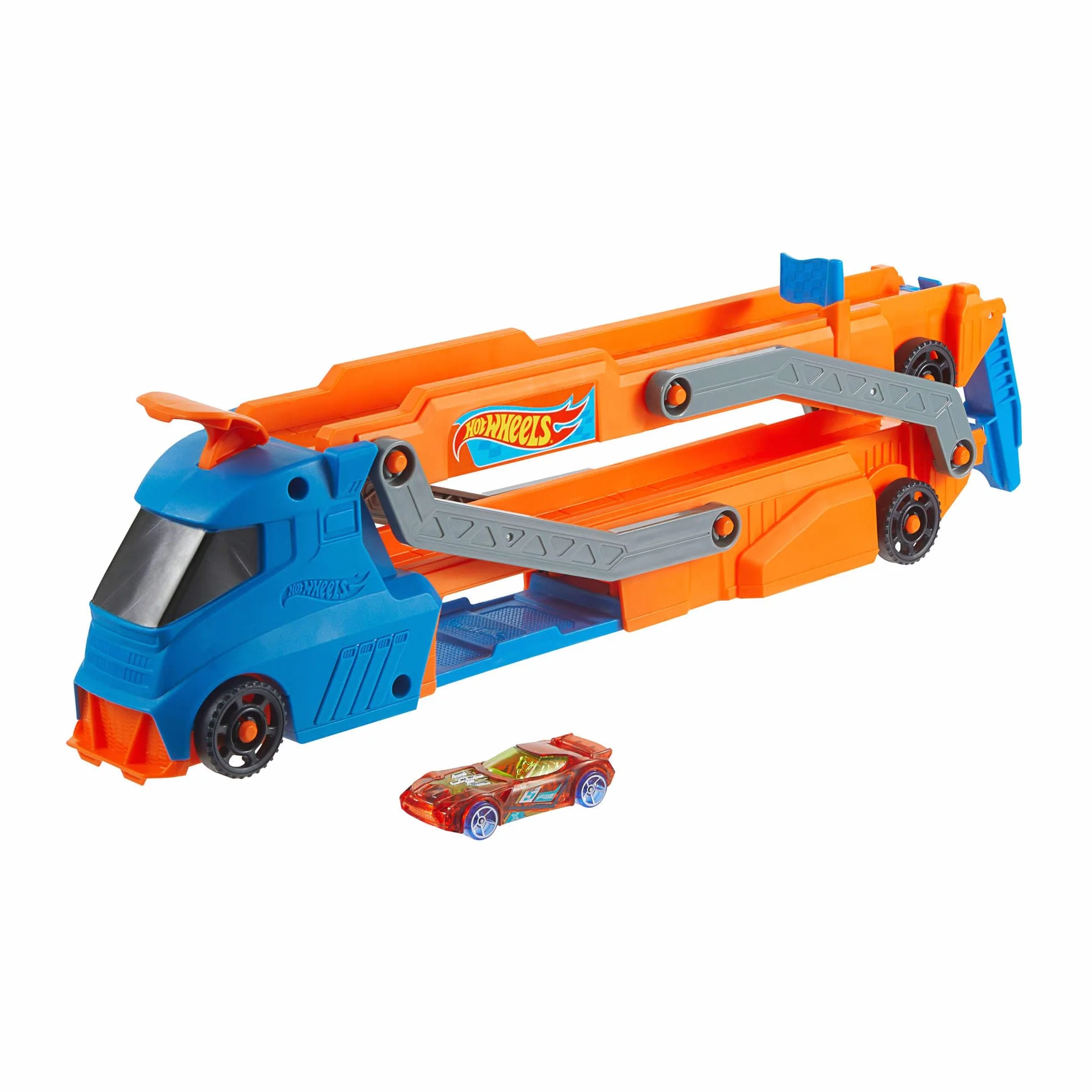 Hot Wheels Miejski transporter Duży pojazd ciężarówka z transformacją w tor wyścigowy (ponad 76 cm) z wyrzutnią, miejsce na 9 aut i 1 samochodzik w skali 1:64, łączy się z innymi zestawami, HYT83