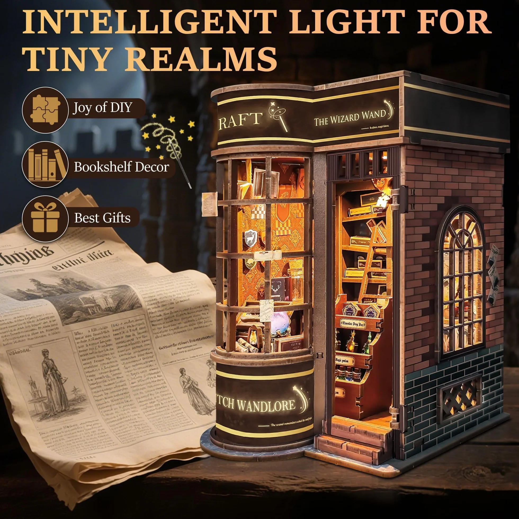 Zestaw do budowy wnętrza książkowego dla dorosłych: LUMYCE drewniane puzzle DIY miniaturowy dom 3D dom lalek - podpórka do księgarni z oświetleniem LED, kreatywny prezent dla czytelników