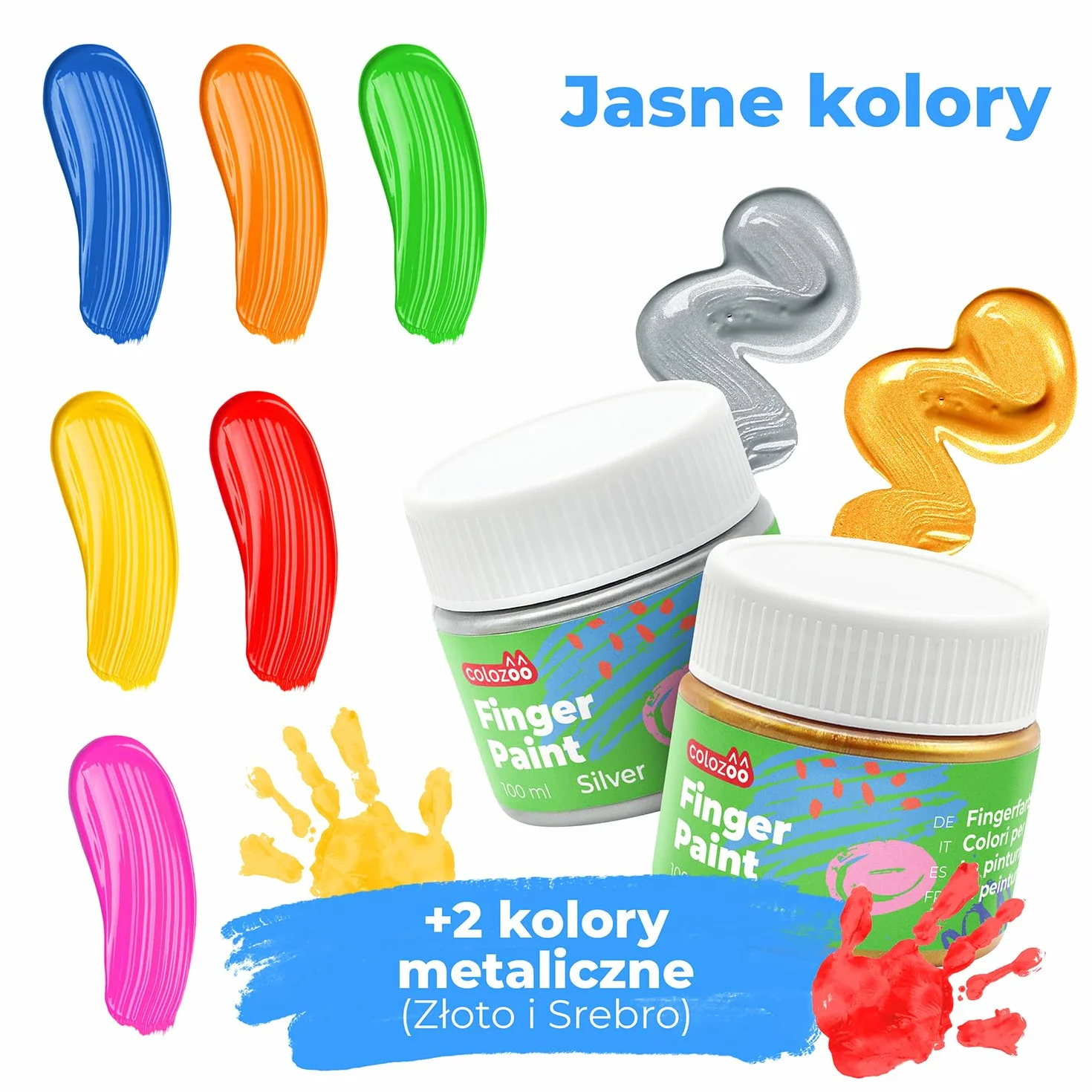 Colozoo Kids Finger Paint Set Inc. akcesoria do malowania | 8x100ml Colors Inc. złote i srebrne | bez parabenów, glutenu i laktozy, na bazie wody, wegańskie | łatwe do czyszczenia i zmywania