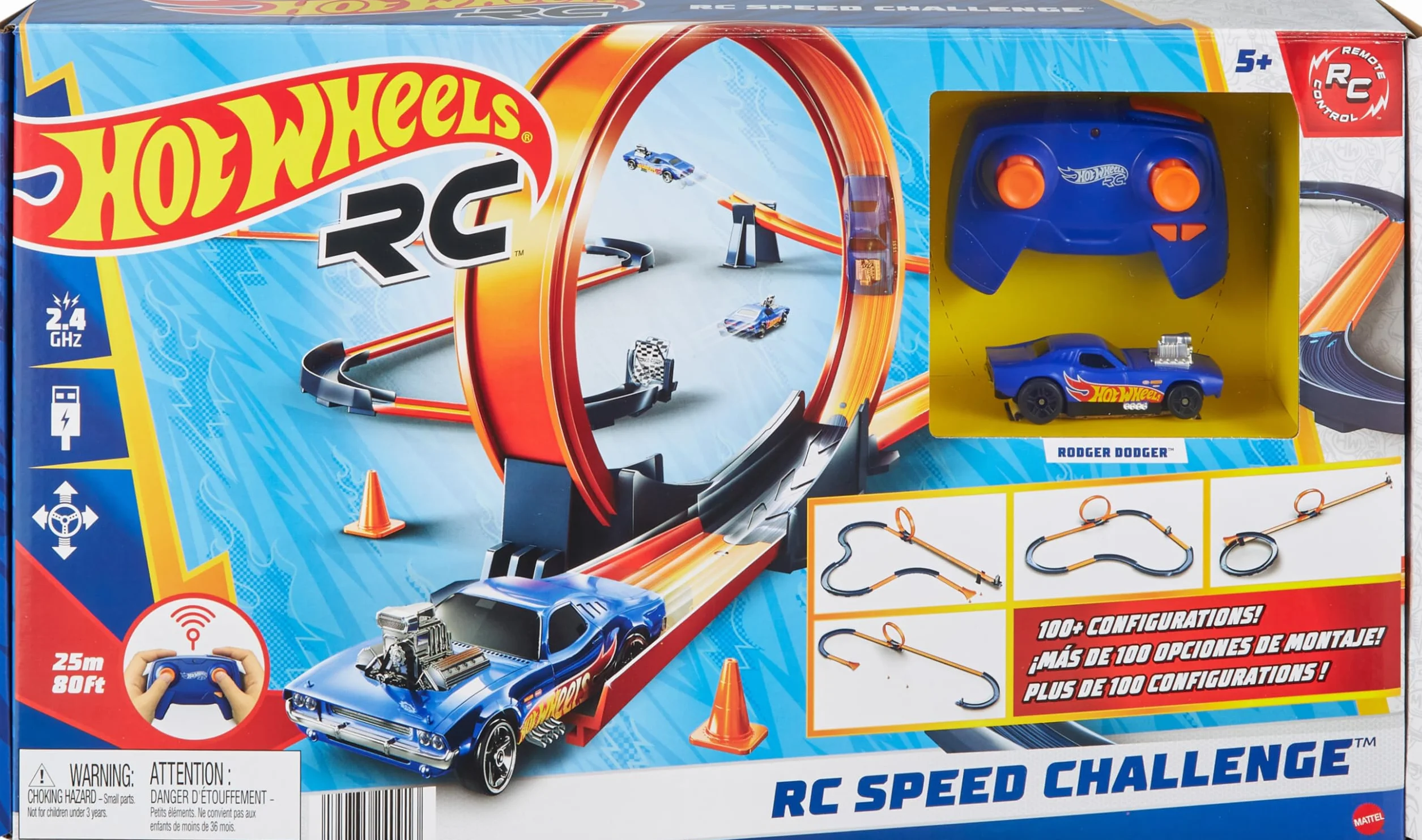 Hot Wheels RC Wyzwanie prędkości Zestaw ze zdalnie sterowanym pojazdem w skali 1:64 i ponad 30 elementami toru, kilka konfiguracji, jazda pojazdami po torze i poza nim, HXX45