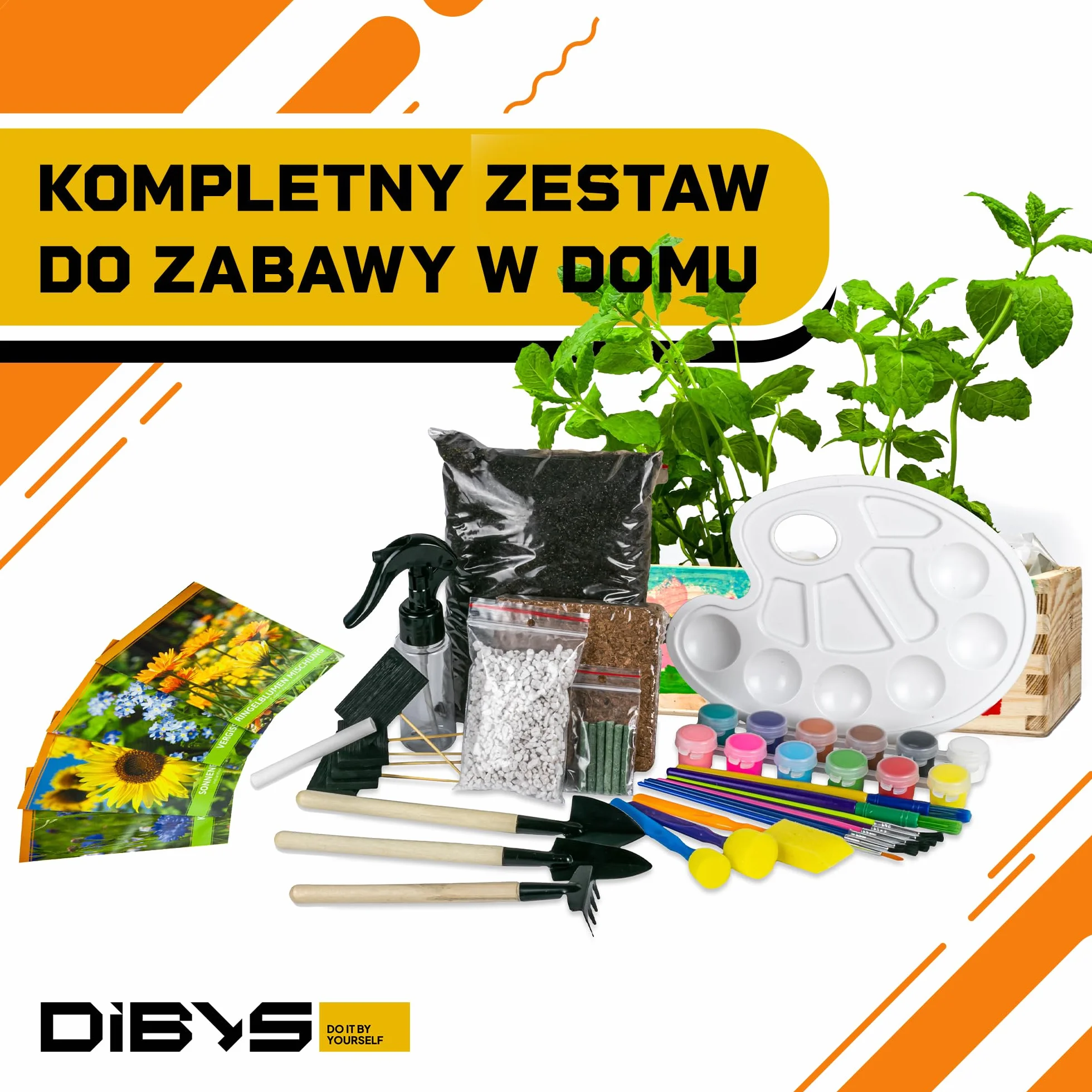DIBYS Zestaw do Uprawy dla Dzieci | Kompletny Zestaw Ogrodowy z Nasionami Kwiatów, Drewnianymi Narzędziami, Ziemią, Farbami i Skrzynką do Malowania | Kreatywny Pomysł na Prezent | Zestaw Roślin
