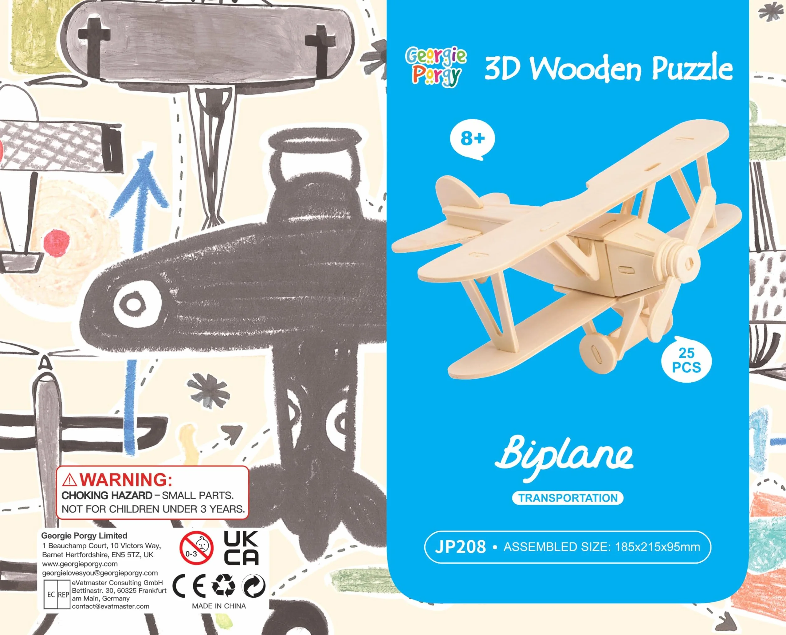 Georgie Porgy Zestaw konstrukcyjny, drewniane puzzle 3D, wycinane drewniane modele dla dzieci, zabawka, zestaw 3 szt. (dwupłatowiec, terenówka, statek ratowniczy)