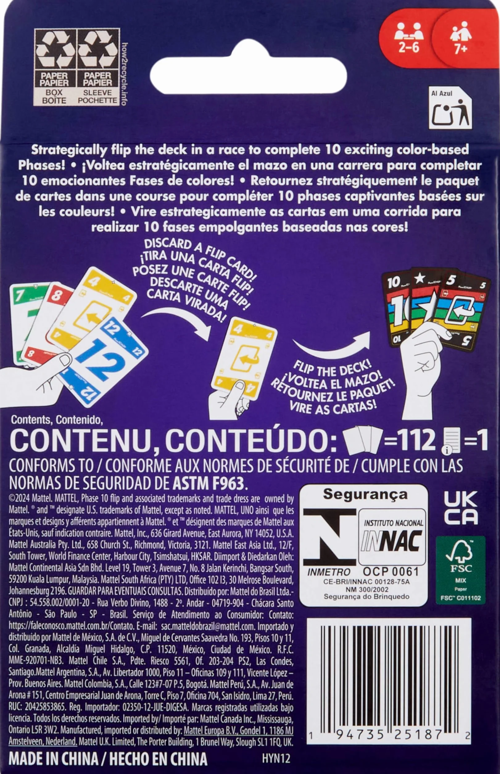 Mattel Games Gra karciana Phase 10 Flip, gra karciana dla całej rodziny z kartami drukowanymi po obu stronach, ze specjalnymi kolorowymi fazami dla 2 do 6 graczy, HYN12