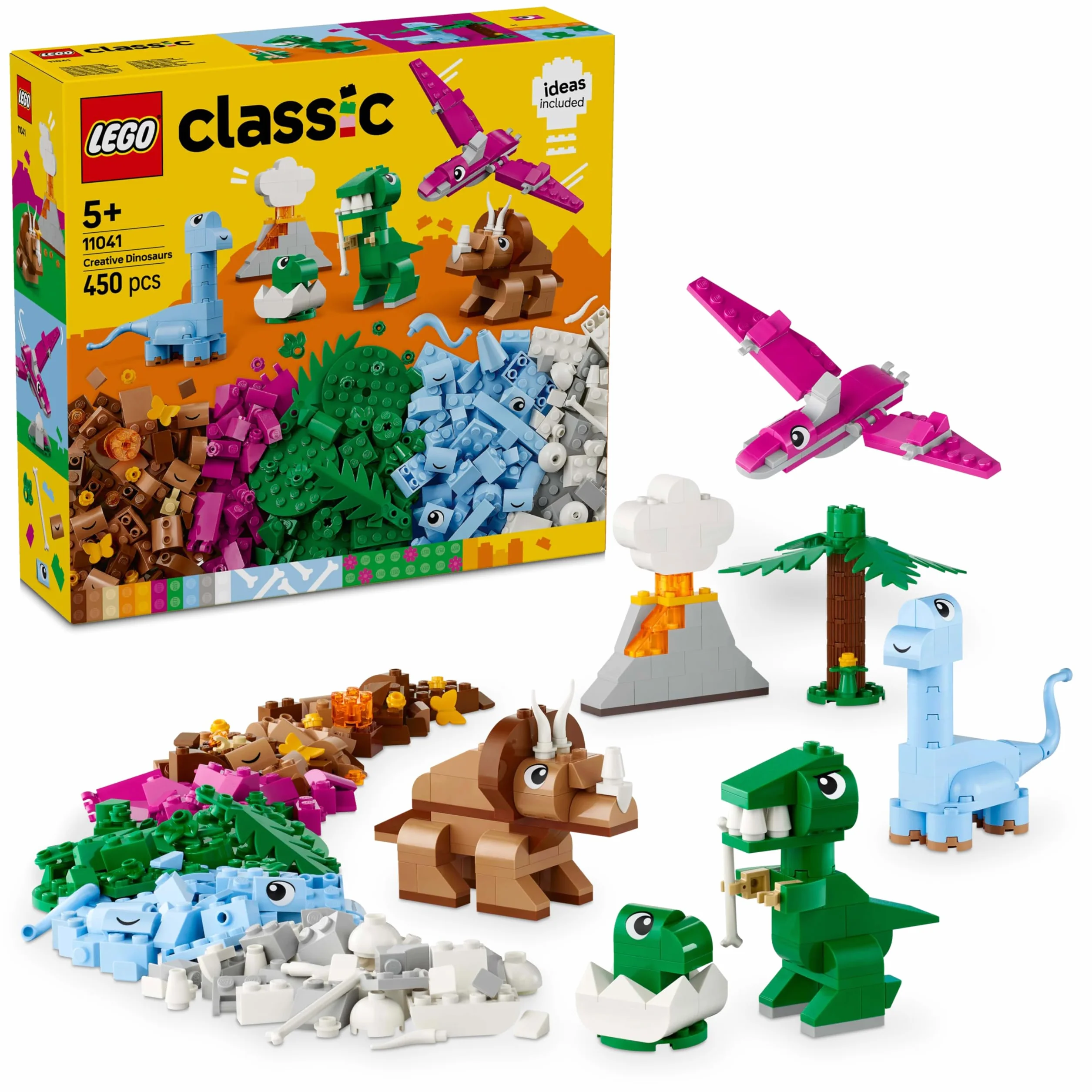 LEGO Classic Kreatywne Dinozaury, Konstrukcyjna Zabawka dla Dziecka do Zbudowania, Figurki Dinozaurów i Akcesoria, w tym T-Rex i Triceratops, Prezent dla 5-latka, dla Chłopca i Dziewczynki, 11041