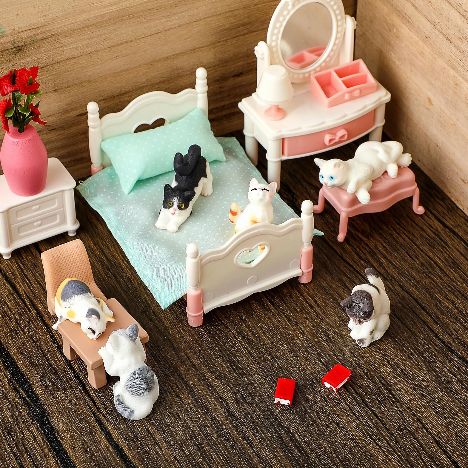 Cobee Domek dla lalek, mini figurki kota, 1:12, realistyczne figurki kociąt, ozdoba na ciasto, miniaturowe statuetki zwierząt, ozdoby do domu, krajobrazu, dekoracja imprezowa, 10 szt