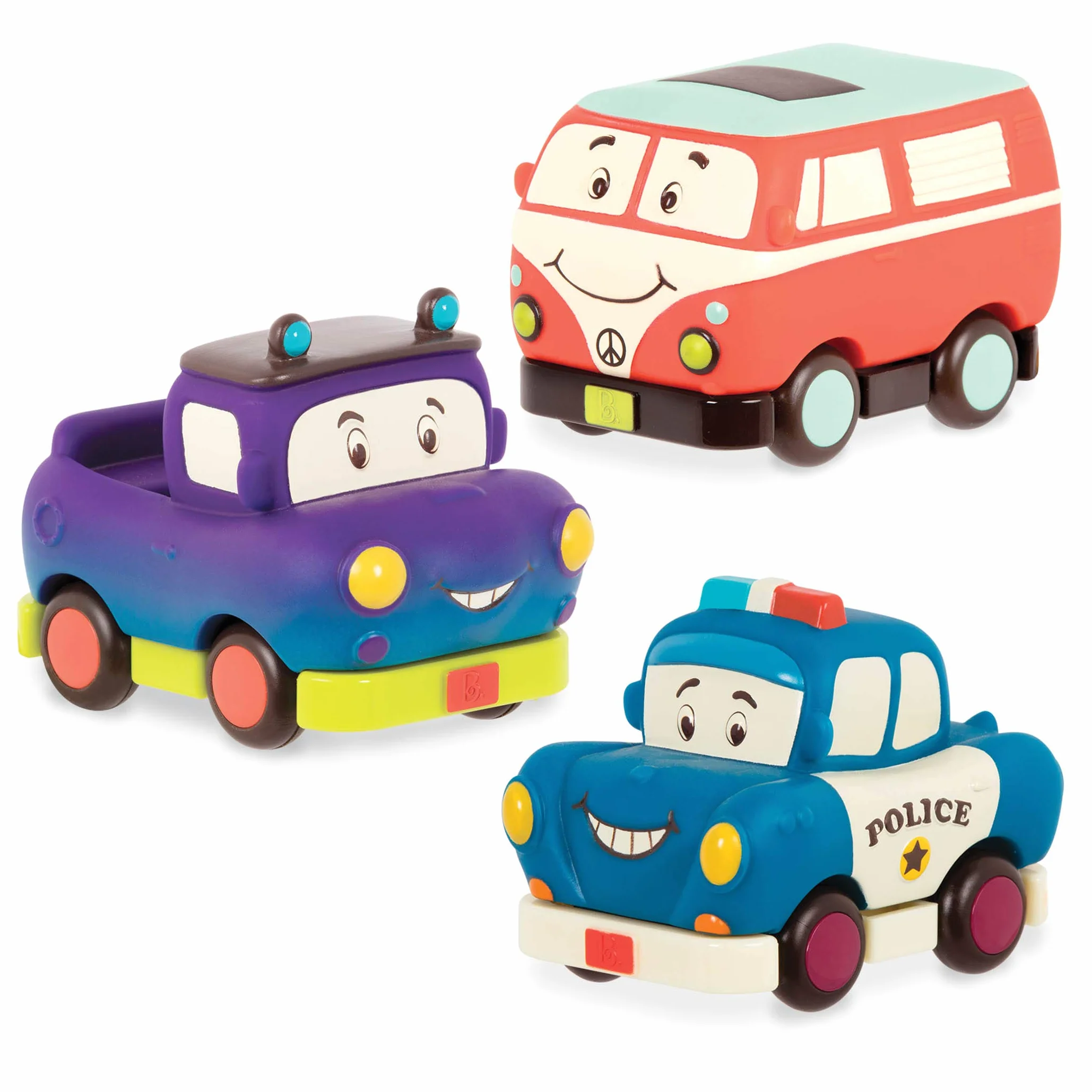 B. toys miękkie zabawki do wyciągania i opuszczania – samochód policyjny, kamper, ciężarówka, zabawka motoryczna dla dzieci od 1 roku (3 sztuki)