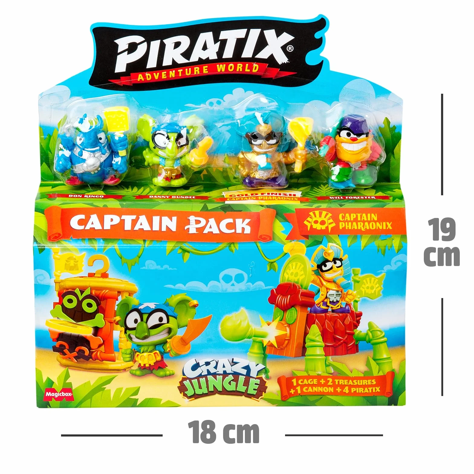 PIRATIX, ADVENTURE WORLD Seria Crazy Jungle, Captain Pack Pharaonix– zawiera 4 figurki Piratix,w tym 1 złotego kapitana,4 akcesoria,1 klatkę,1 armatę,2 ekskluzywne monety,2 flagi. Zestaw 4 z 6