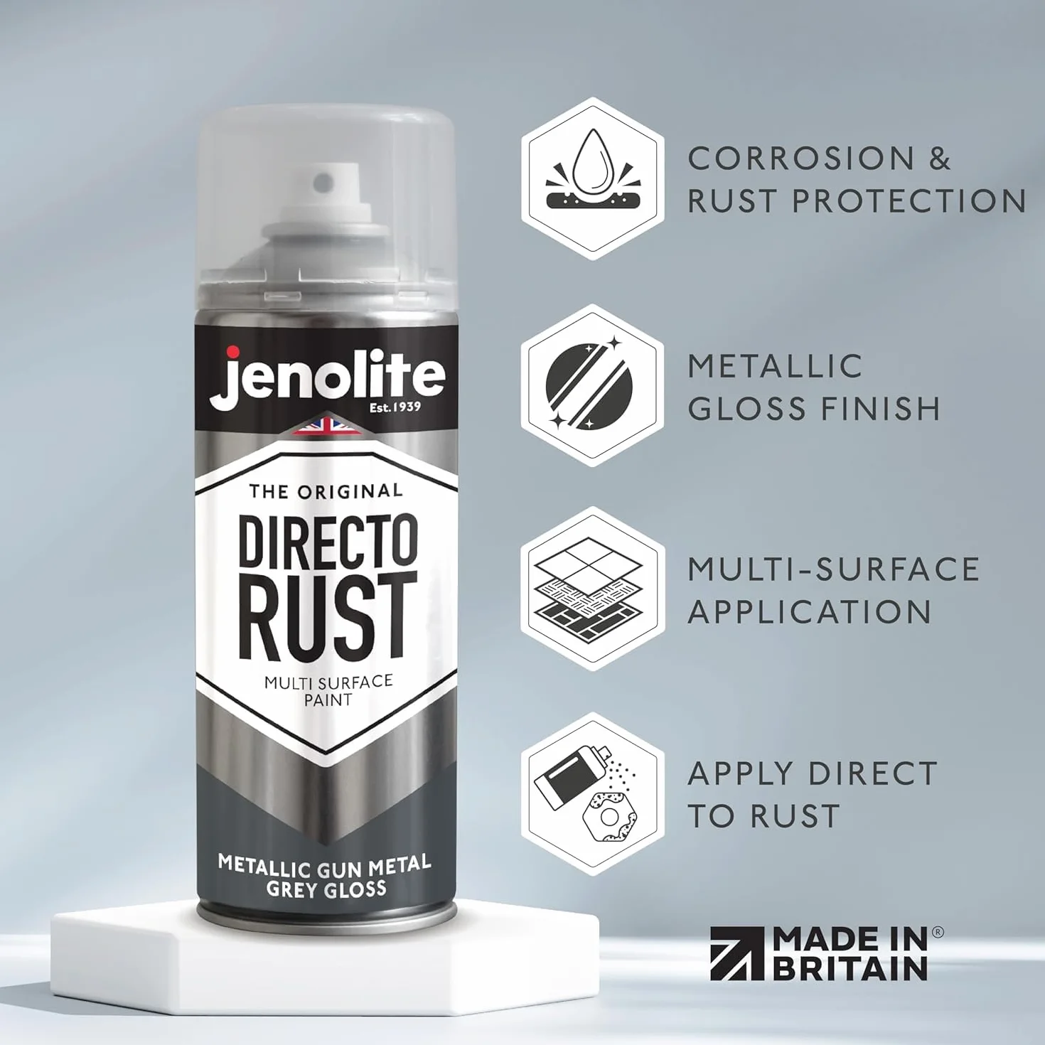 JENOLITE Directorust farba metaliczna z połyskiem | SZARY METALOWY PISTOL | Farba wielopowierzchniowa | podkład, podkład i warstwa wierzchnia wszystko w jednym | 400ml