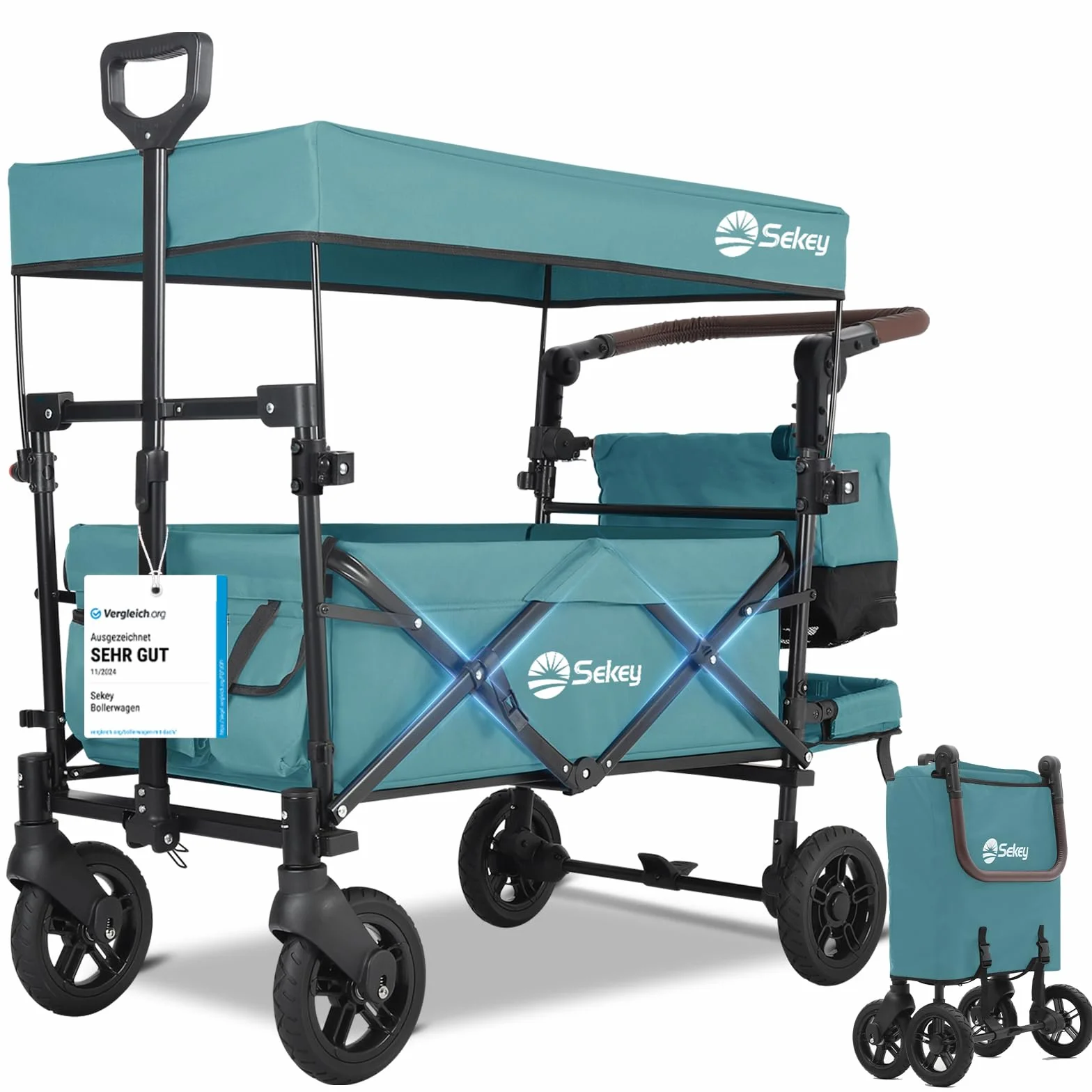 Sekey Wózek składany z dachem, dla 2 dzieci, 150 kg, wózek ręczny, uchwyt przesuwny, odporny na uderzenia, koła PU z hamulcami 110 l, SS5050, ciemnozielony