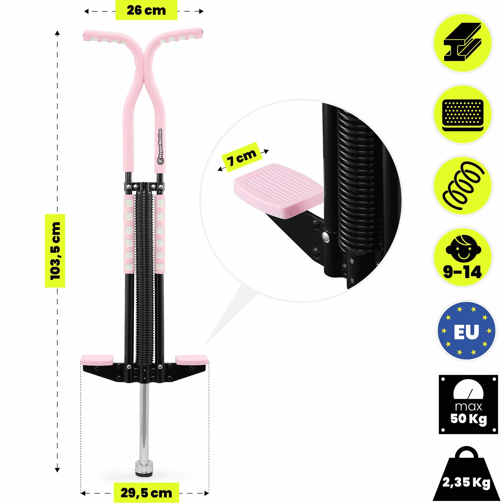 HyperMotion Skoczek POGO dla Dzieci 9–14 Lat, Urządzenie Treningowe do 50 kg, 2,35 kg, System Sprężynowy, Kolor Różowy