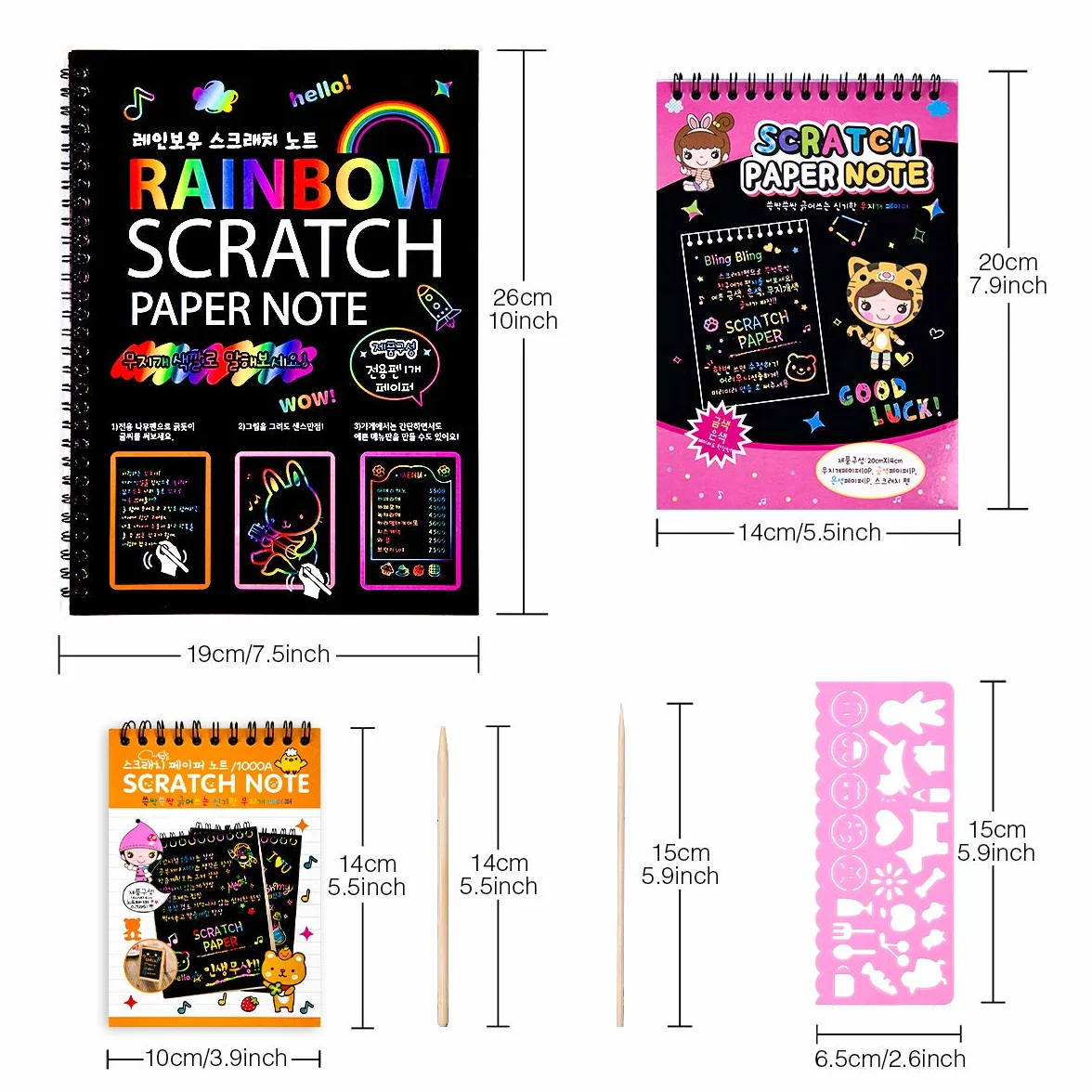 MELLIEX Scratch Art Notes per Bambini, Set di 3 Blocchi da Disegno Arcobaleno con 6 Penne e 4 Righelli