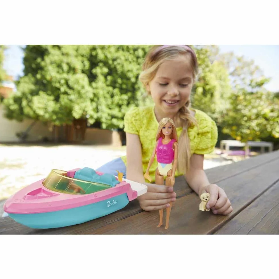 Barbie Zestaw Łodzi Motorowej, Lalka z Blond Włosami, Różowa Kamizelka Ratunkowa, Szczeniak, Akcesoria - Prezenty dla Dzieci od 3 Lat