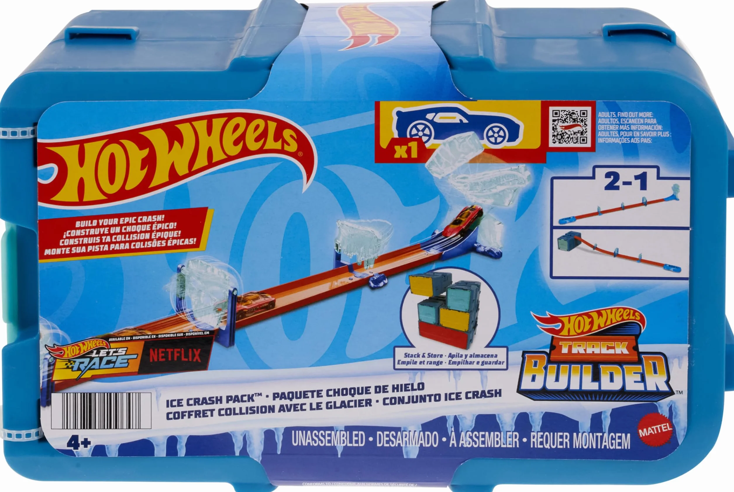 Hot Wheels Track Builder Lodowy tor Zestaw z 1 pojazdem Hot Wheels, motywem lodu, 10 elementami toru i w modułowym pudełku. HKX40