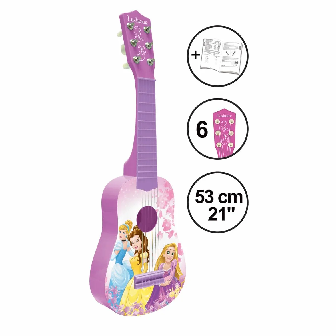 Lexibook Disney Princess Roszpunka Moja Gitara, 6 Strun Nylonowych, 53 cm, Przewodnik w Zestawie, Różowy, Fioletowy, K200DP