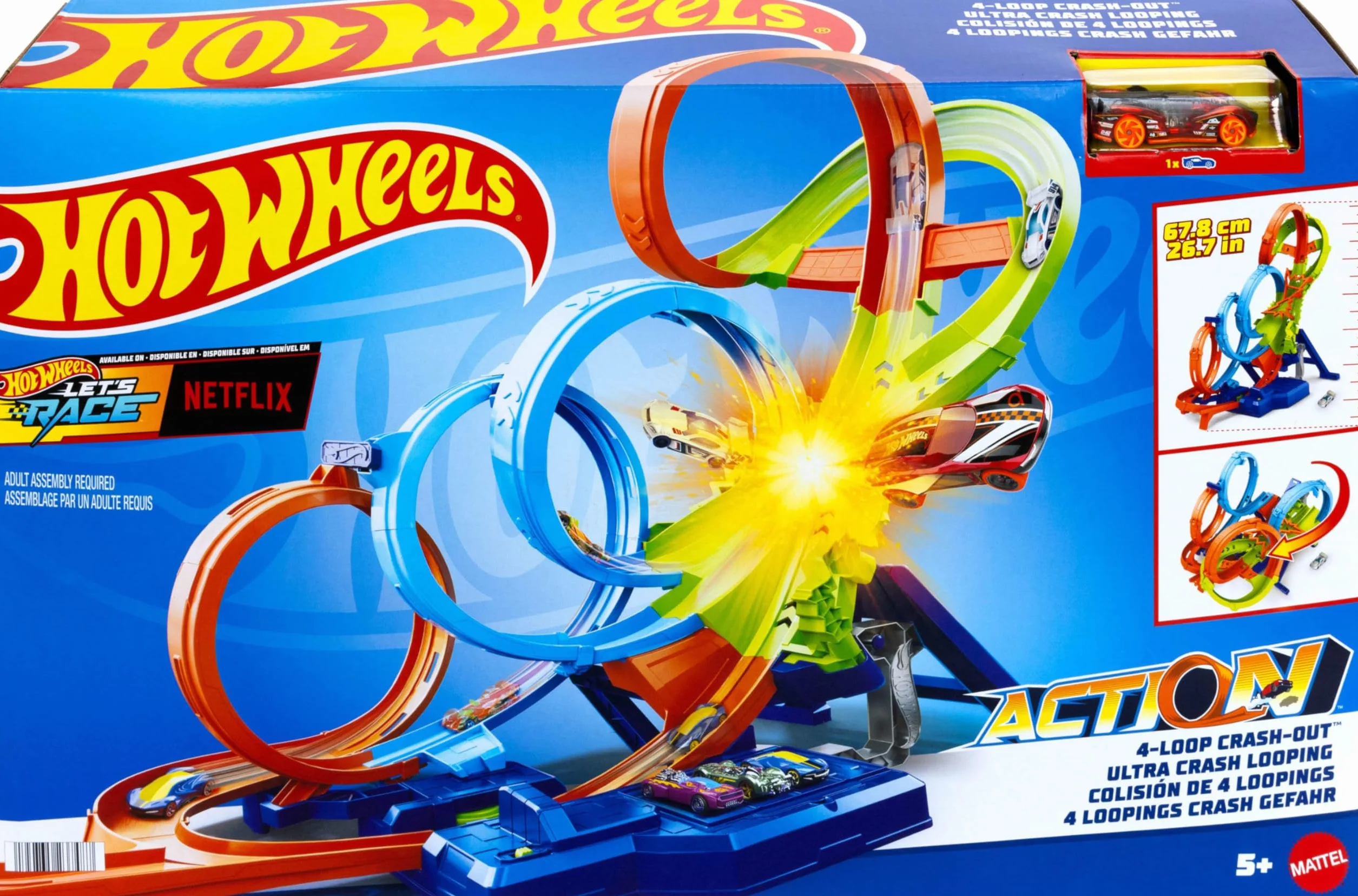 Hot Wheels Zestaw tracków do samochodu zabawkowego z 4 pętlami, 3-pasmową strefą zderzeniową i akceleratorem zasilanym bateryjnie, składany do przechowywania, z samochodem zabawkowym w skali 1:64,