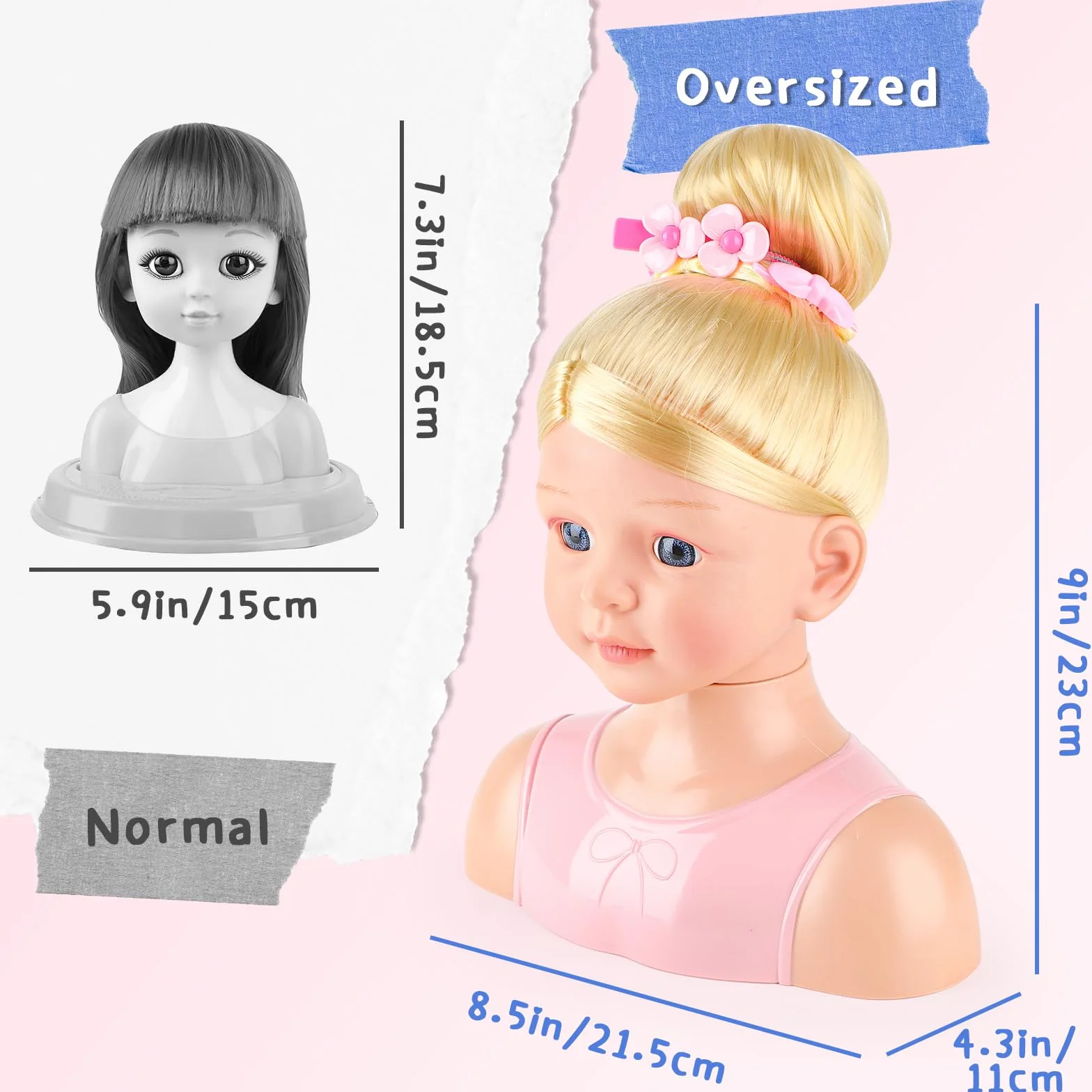 Głowa do makijażu i głowica fryzjerska dla dzieci 23 cm – lalka z blond włosami, szminka i akcesoria do stylizacji dla dziewczynek od 3 lat