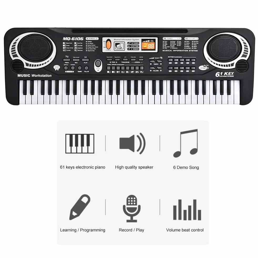 Pianino cyfrowe 61 klawiszy przenośne z mini mikrofonem dla dzieci 54 x 17,5 x 5,5 cm