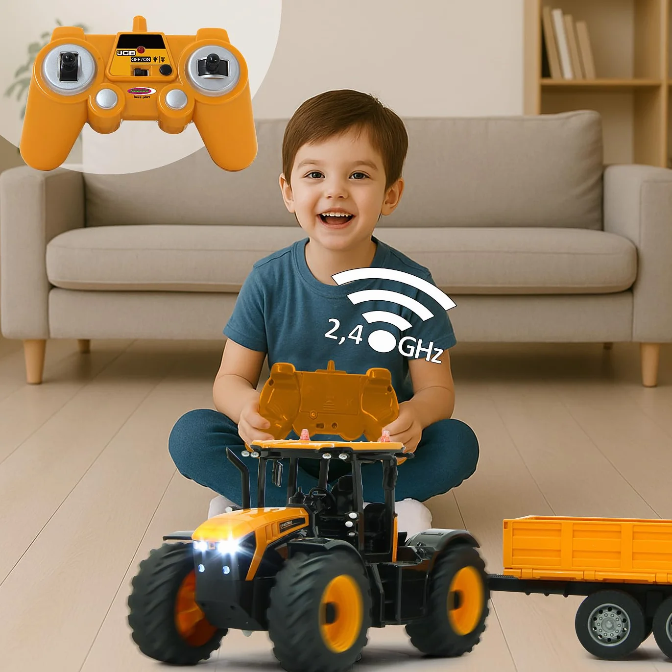 JAMARA JCB Fastrac traktor z przyczepą uchylną 1:24 2,4 GHz – napęd na 2 koła, profilowane opony gumowe, światło LED, rolnictwo