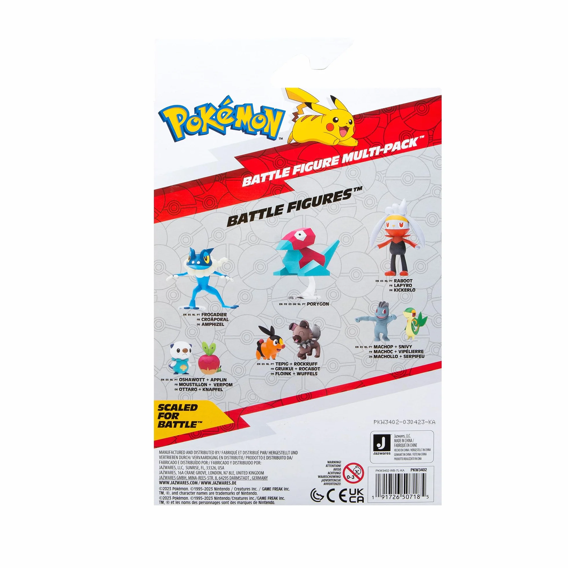 Pokémon PKW3402 - Figure Battle Figure Multipack - 4 sztuki z Pikachu, Krokel, Kwaks, Felori, oficjalne, szczegółowe figurki, każdy 5 cm