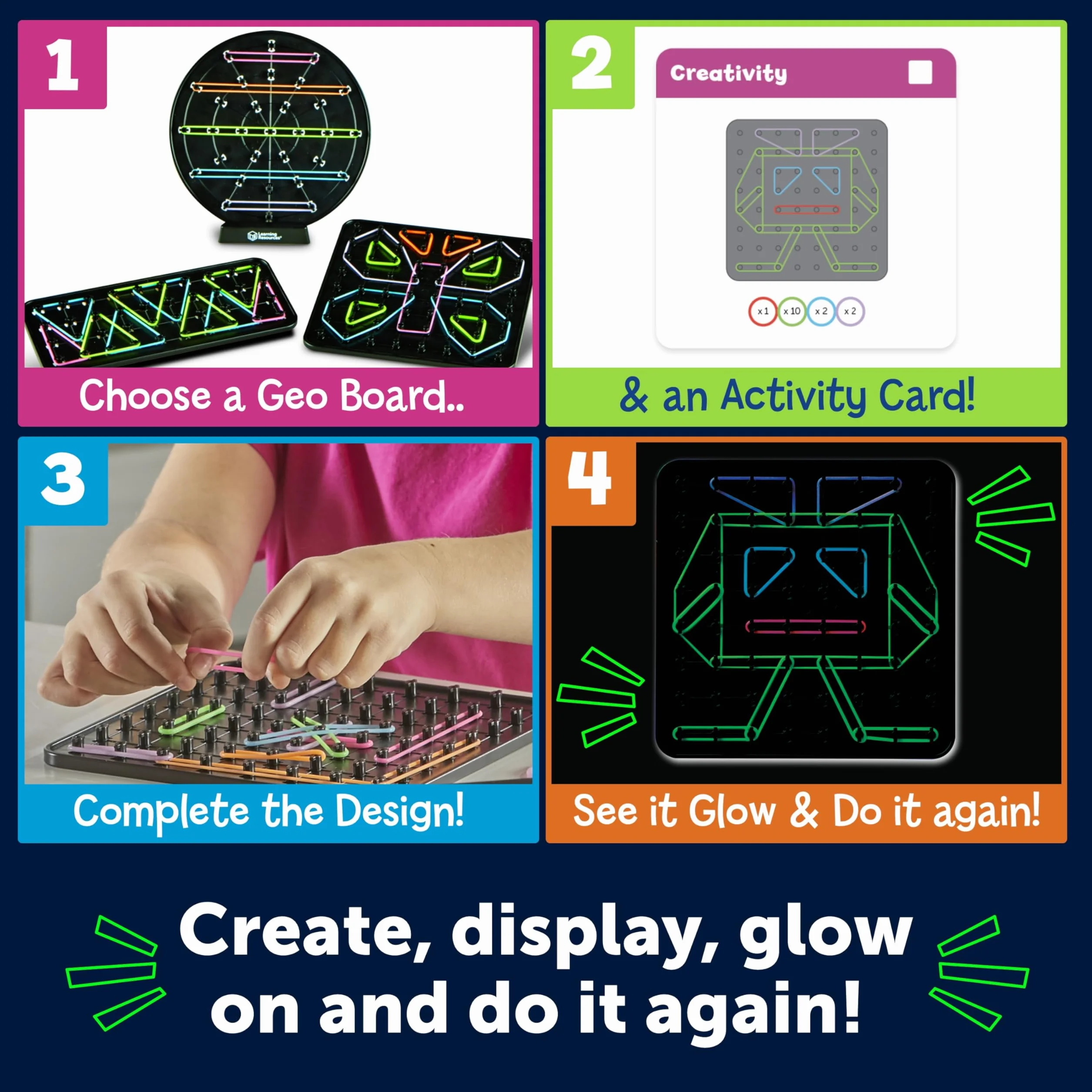 Learning Resources GEO Glow Boards – Świecące Geobordy STEM, Budowanie i Kształty 5+ Lat