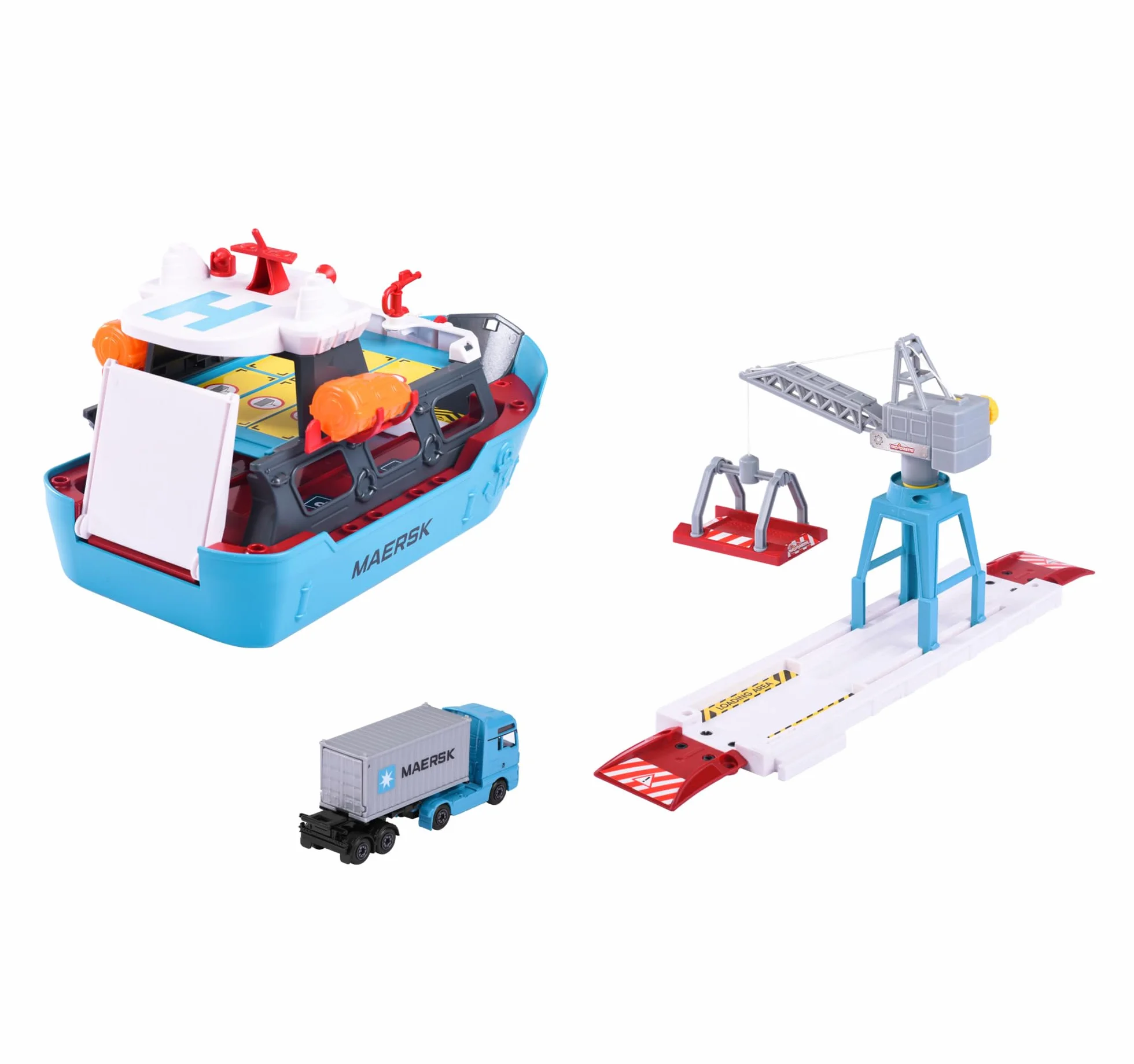 Majorette 212050039 Maersk zestaw łódź 52cm, stacja portowa, ruchomy dźwig z platformą ładunkową, 2 łodzie ratownicze, 1 metalowy pojazd oraz 1 kontener
