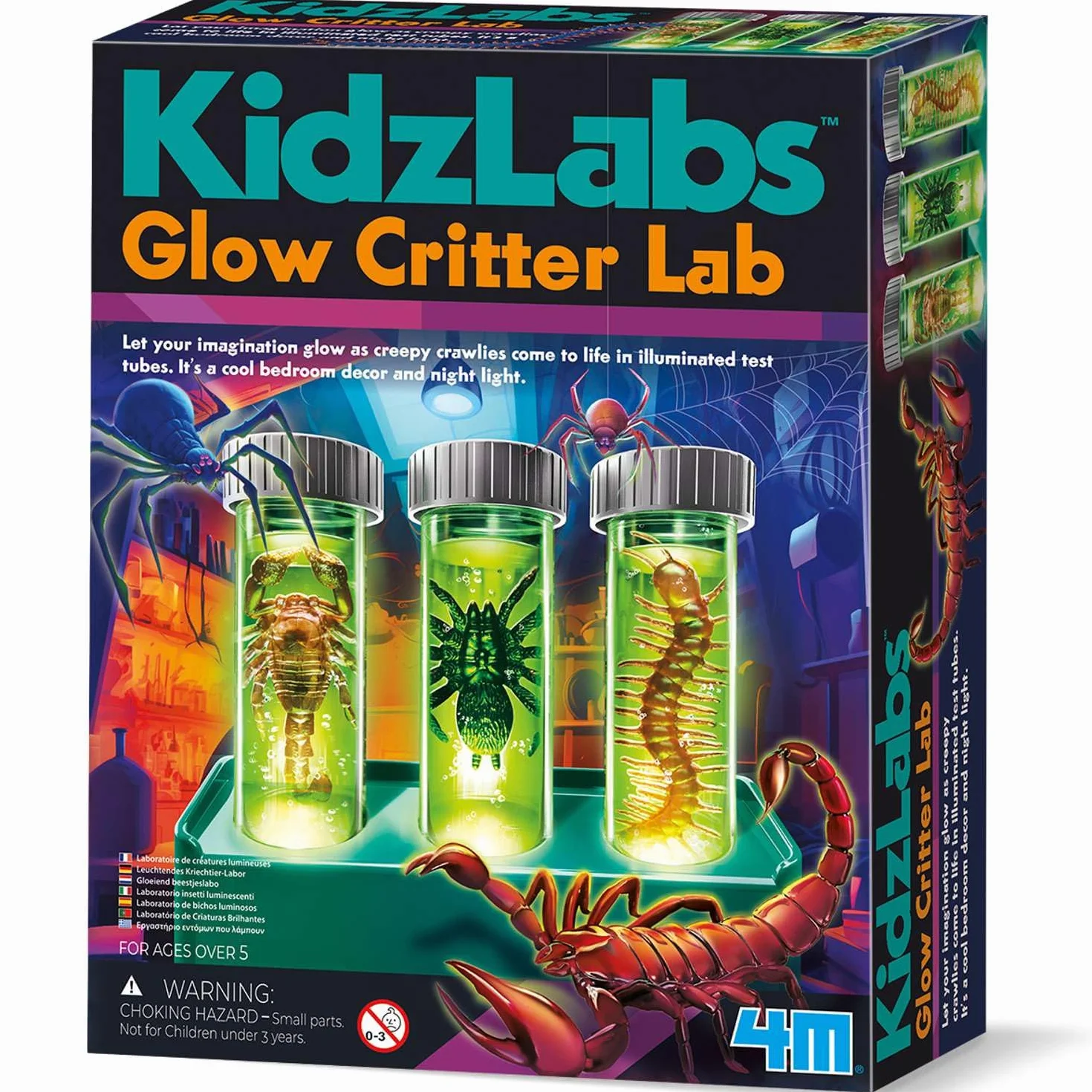 KidzLabs Glow Critter Lab, Creepy Crawlies ożywają, podświetlane probówki, projekt naukowy i lampka nocna dla dzieci w wieku 5+, zielona