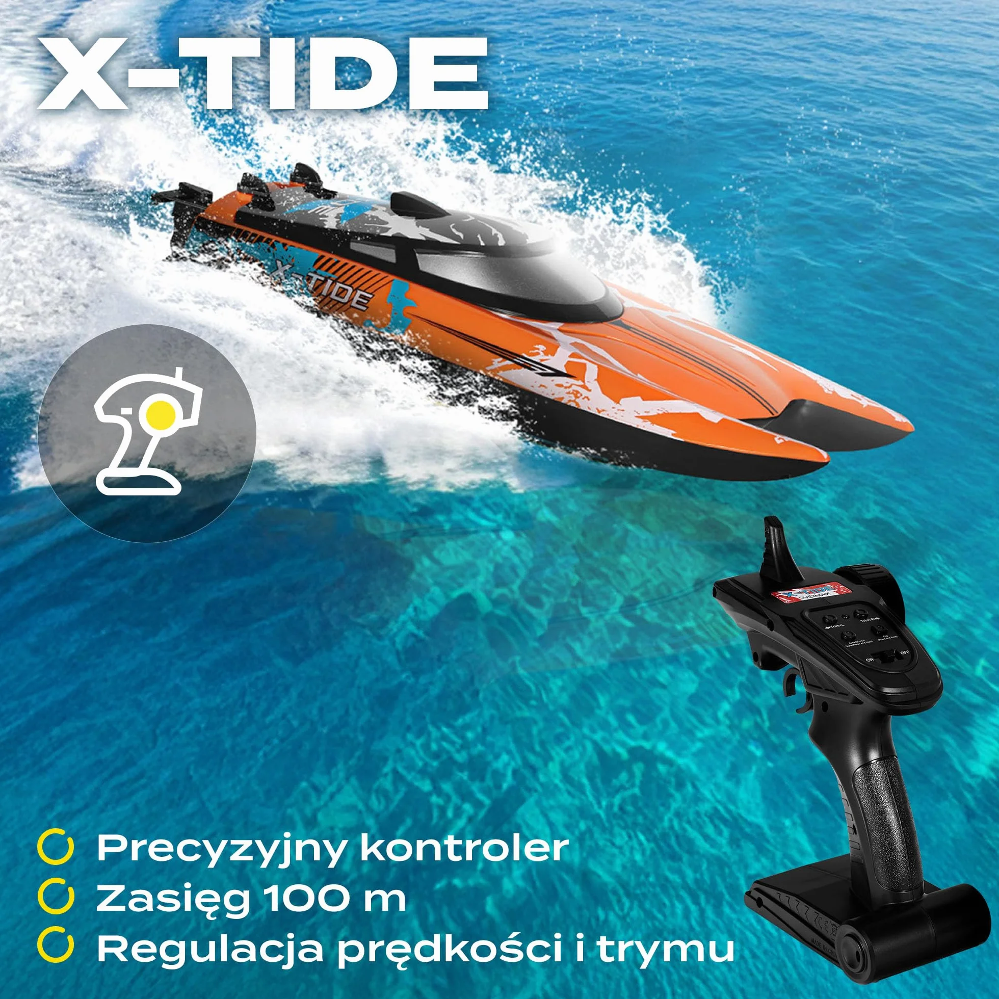 Overmax X-Tide zdalnie sterowana łódź wyścigowa RC-Speedboat z akumulatorem LED 25 km/h 1200 mAh, 34 minuty, regulacja prędkości, zasięg do 100 m, zabawka na basen i morze