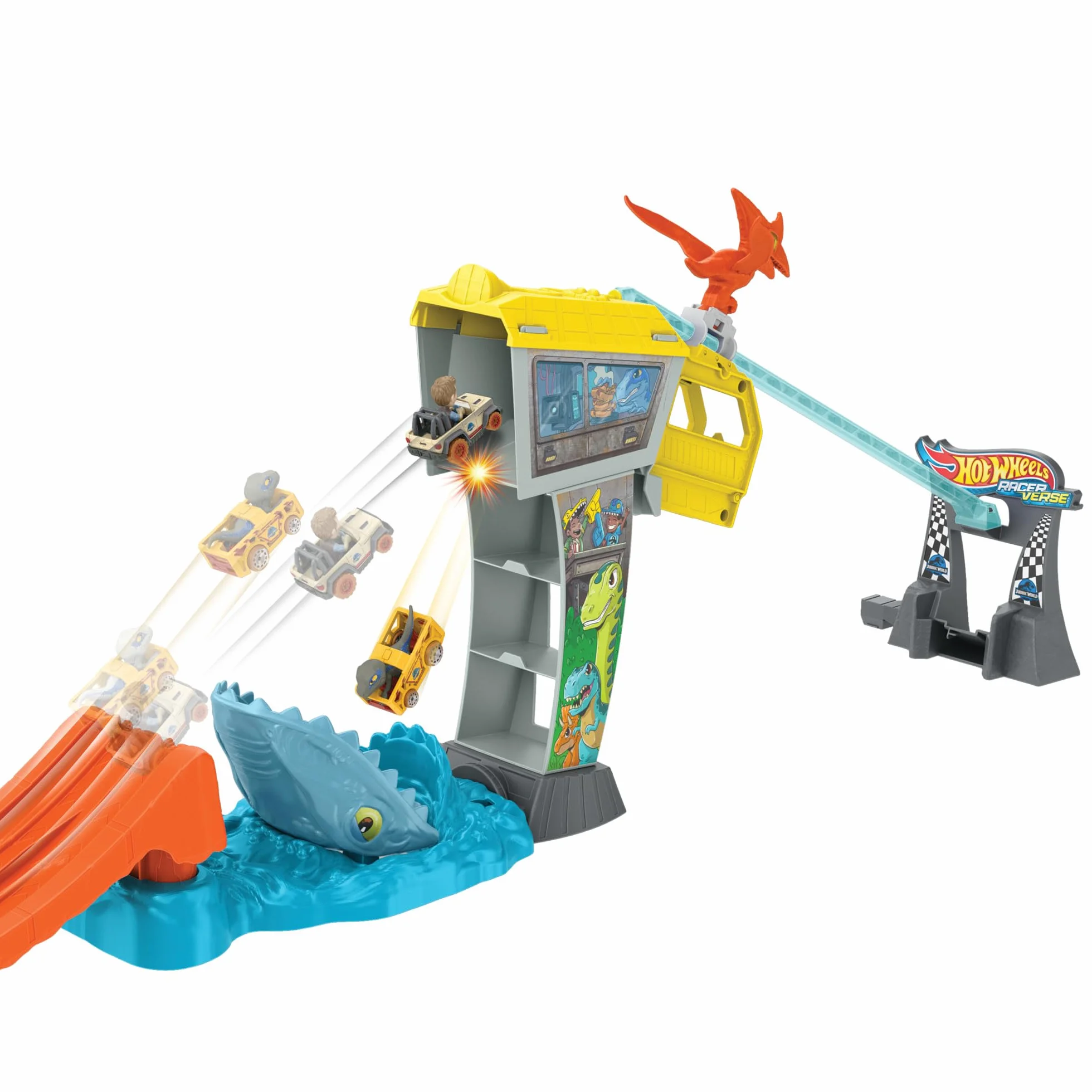 Hot Wheels RacerVerse Jurassic World Kolejka linowa Blue Zestaw z torem i 2 metalowymi pojazdami inspirowanymi Blue i Owenem, HTP12