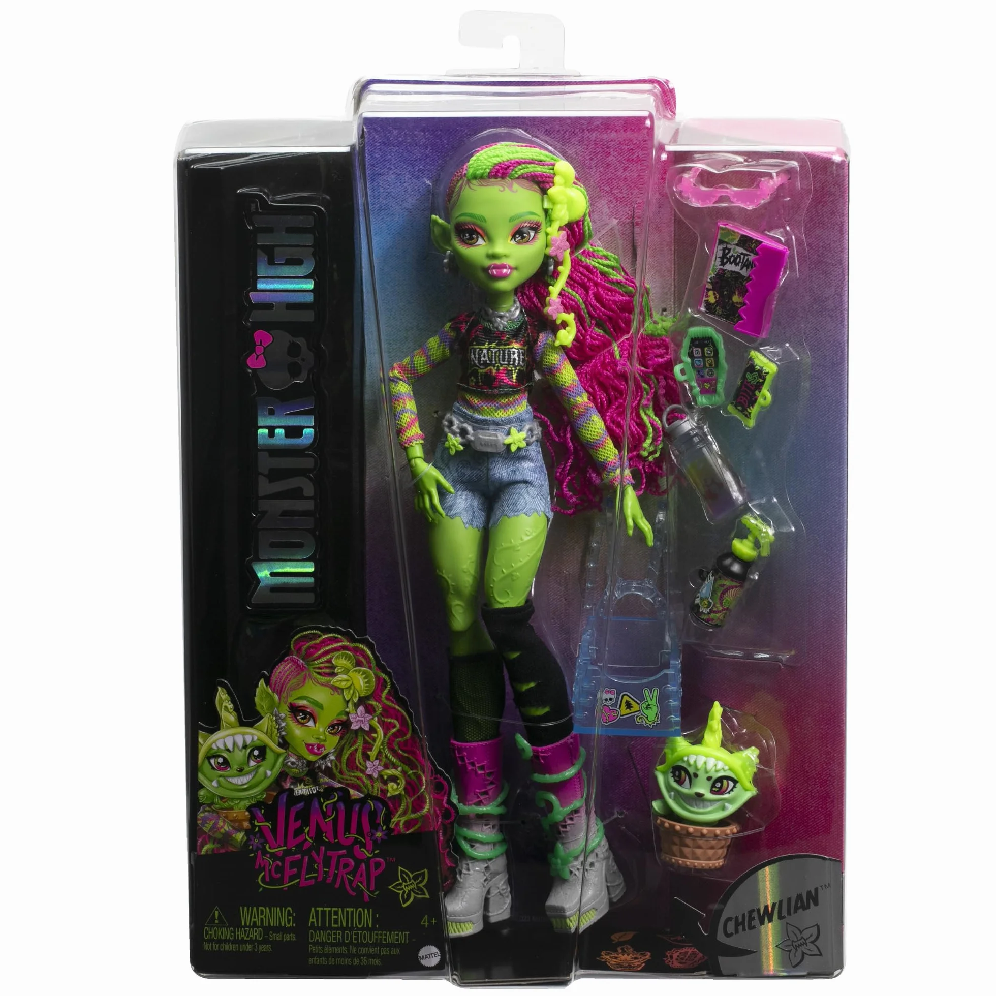 Monster High Venus McFlytrap Lalka + kotek Chewlian oraz akcesoria, takie jak plecak, notes i „przekąski”, HRP81