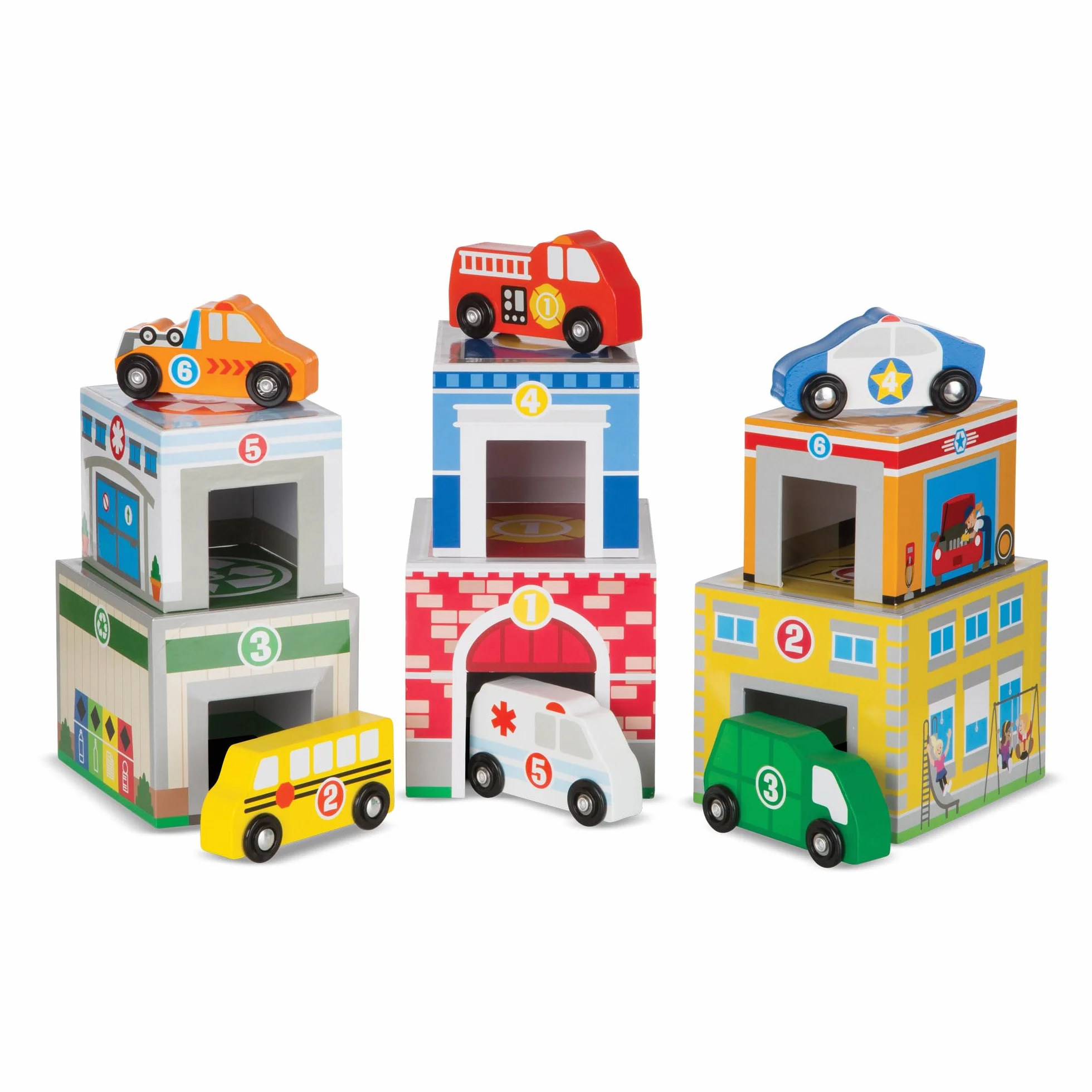 Melissa & Doug Nesting & Sorting Buildings & Vehicles, Wooden Toy & Trains, Trucks & Vehicles, 2+, Gift for Boy or Girl
