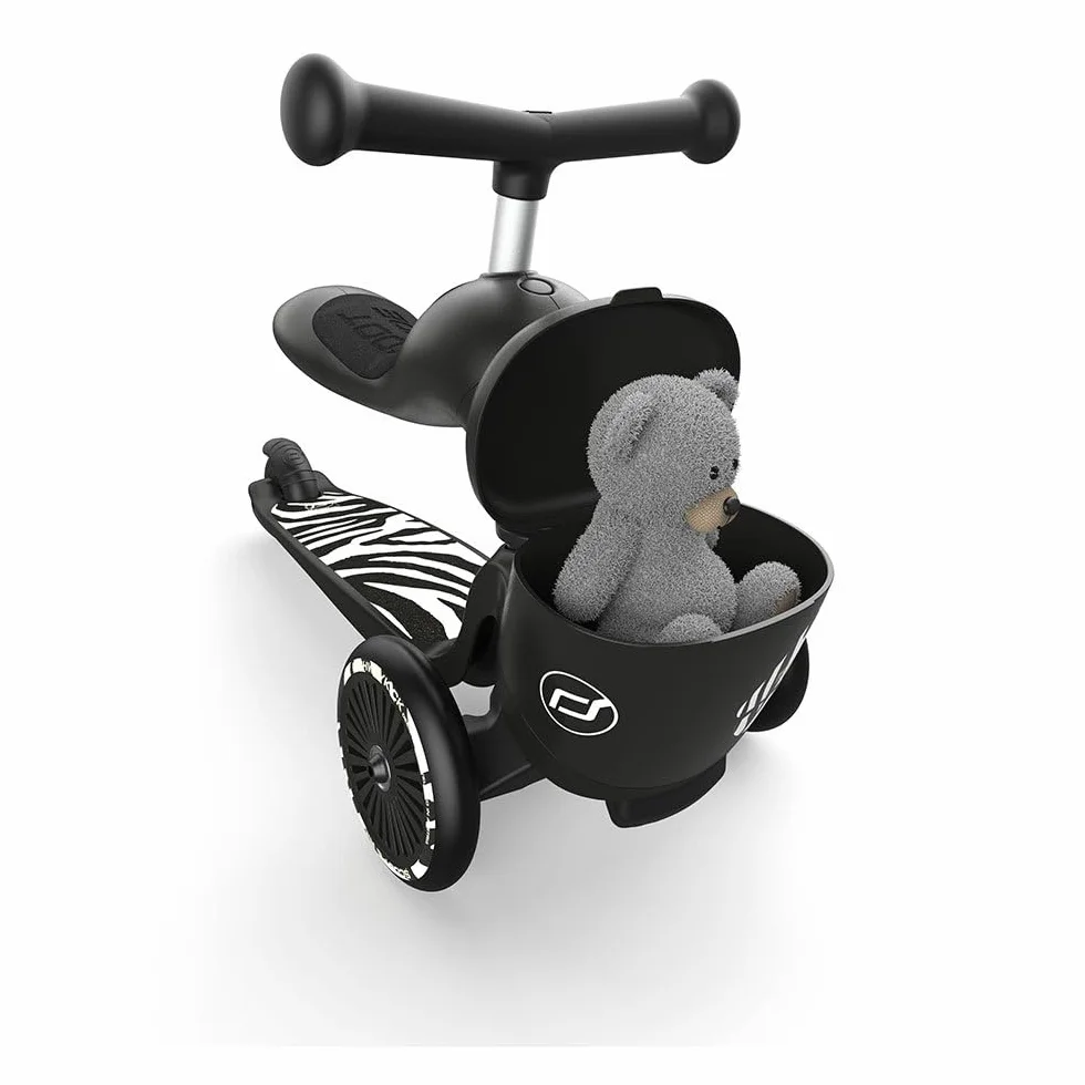 Scoot & Ride Unisex – Baby Highwaykick 1 Lifestyle Kickboard z siedziskiem i pojemnikiem (zebra)