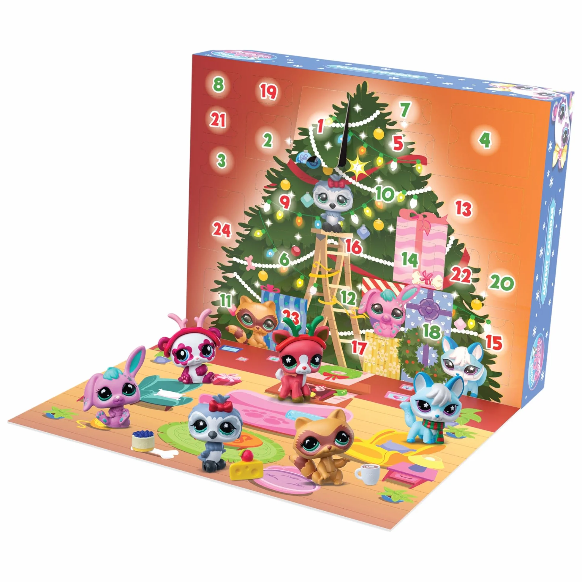Littlest Pet Shop kalendarz adwentowy dla zwierząt domowych, 8 sklepów dla zwierząt domowych i 16 akcesoriów, kalendarz na Boże Narodzenie, mini figurki ze zwierzętami do kolekcjonowania, zabawki dla