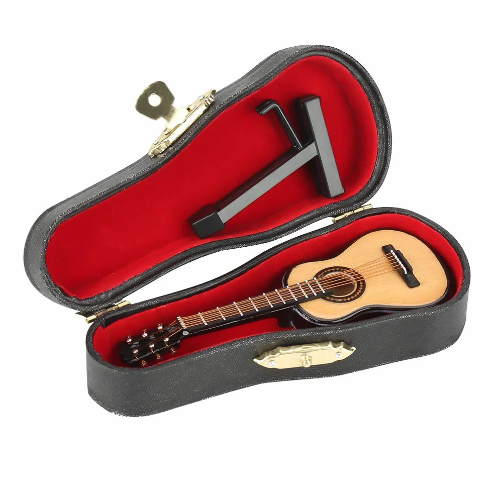 Miniaturowy Model Gitary, Mini Drewniana Gitara Model Instrumentu Muzycznego dla Dzieci Akcesoria do Domku dla Lalek ze Stojakiem i Etui do Dekoracji na Blat 10 Cm