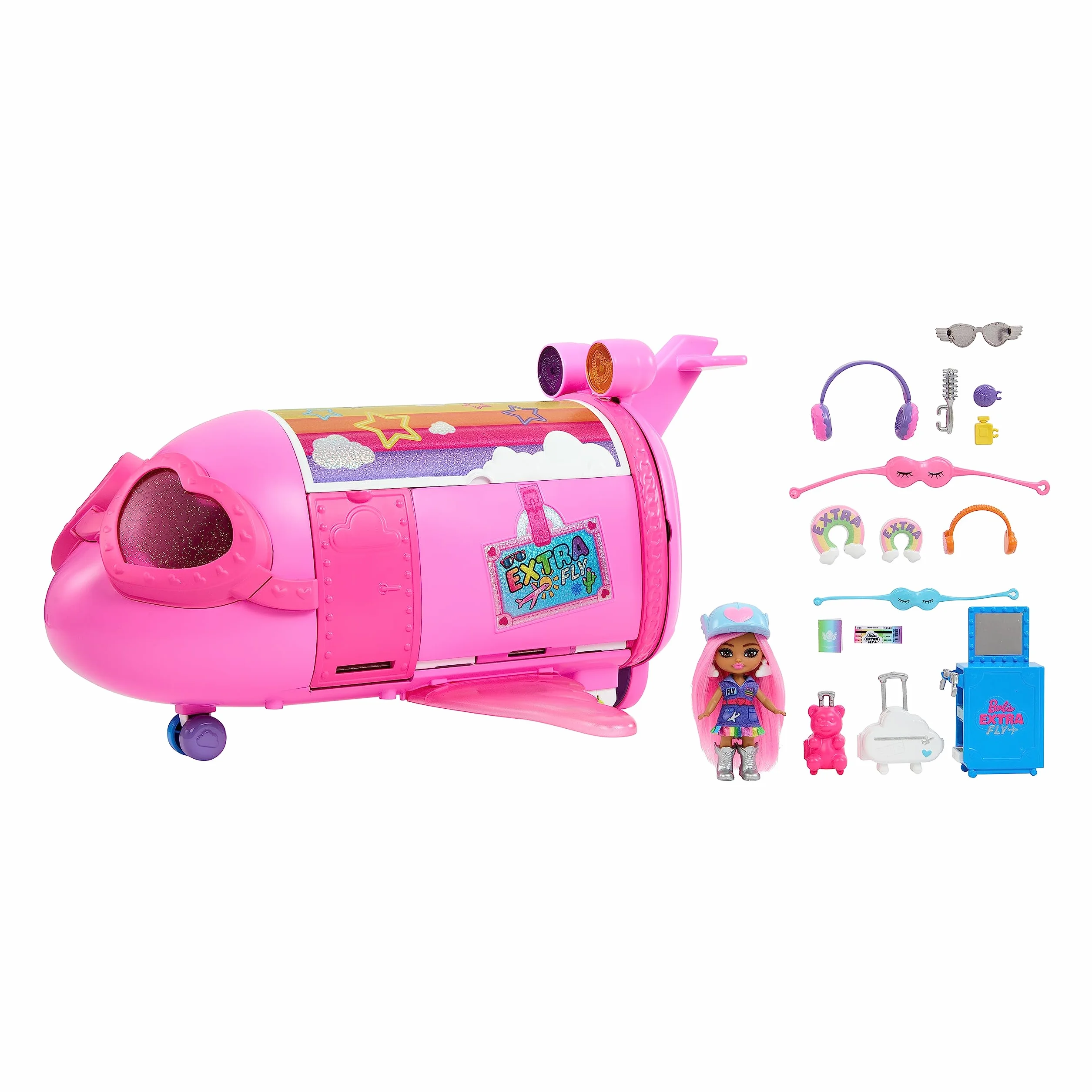 Barbie Extra Fly Samolot Zestaw z lalką Barbie Extra Mini Minis oraz akcesoriami modowymi i podróżnymi, HPF72