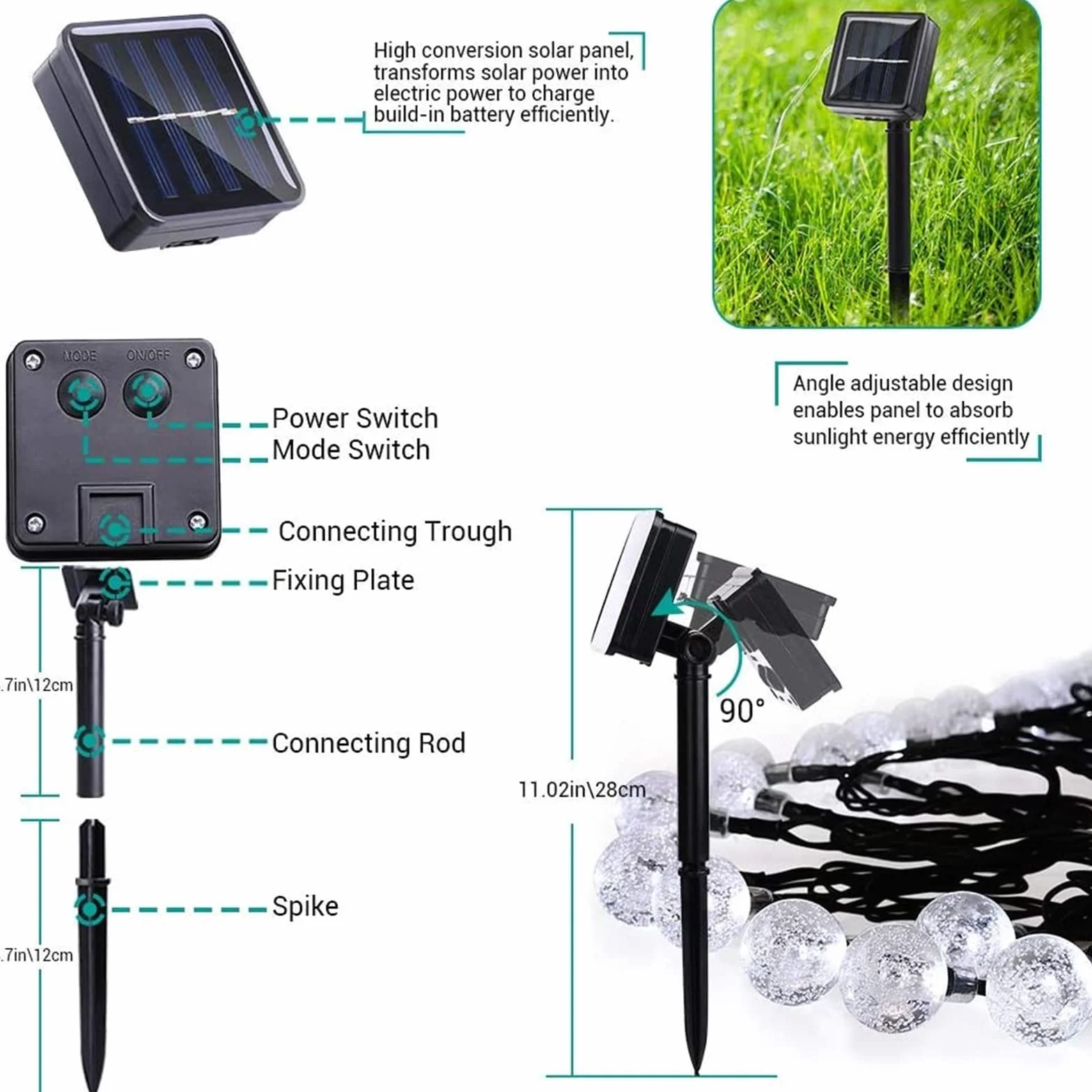 Moxled Girlandy Solar Outdoor Lights, 11M 60 LED Solar Lights Waterproof, 8 Modes Indoor and Outdoor Solar Lights Chain for Garden, Patio, Party (Warm White)