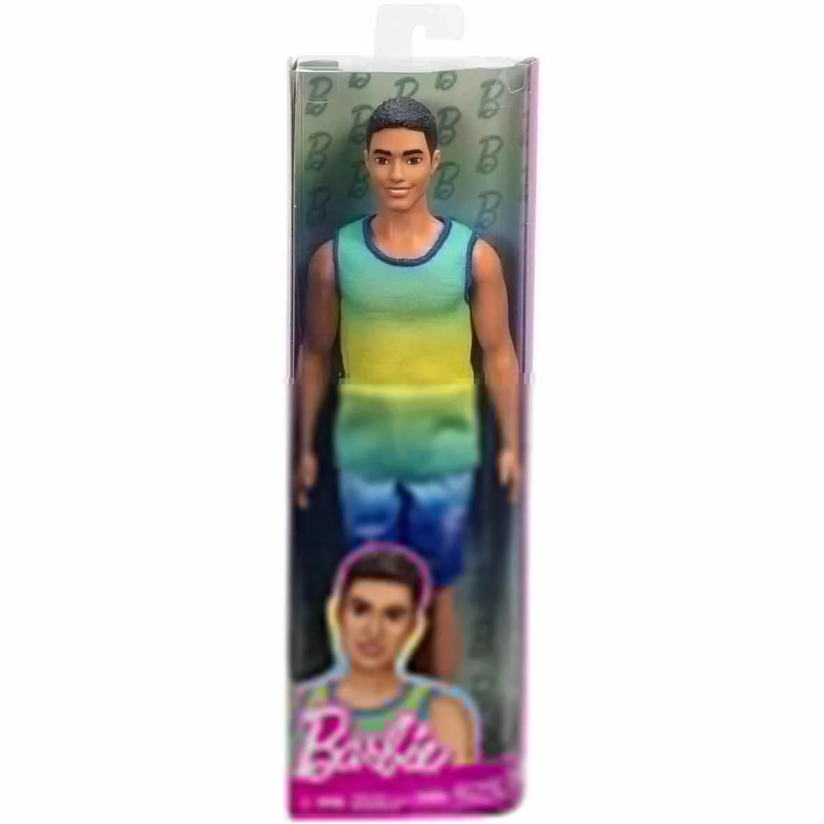 Barbie Fashionistas Ken Lalka #236 z czarnymi włosami, w niebiesko-zielonej koszulce z efektem ombre, dżinsowych szortach i srebrnych bucikach sportowych, HYV00