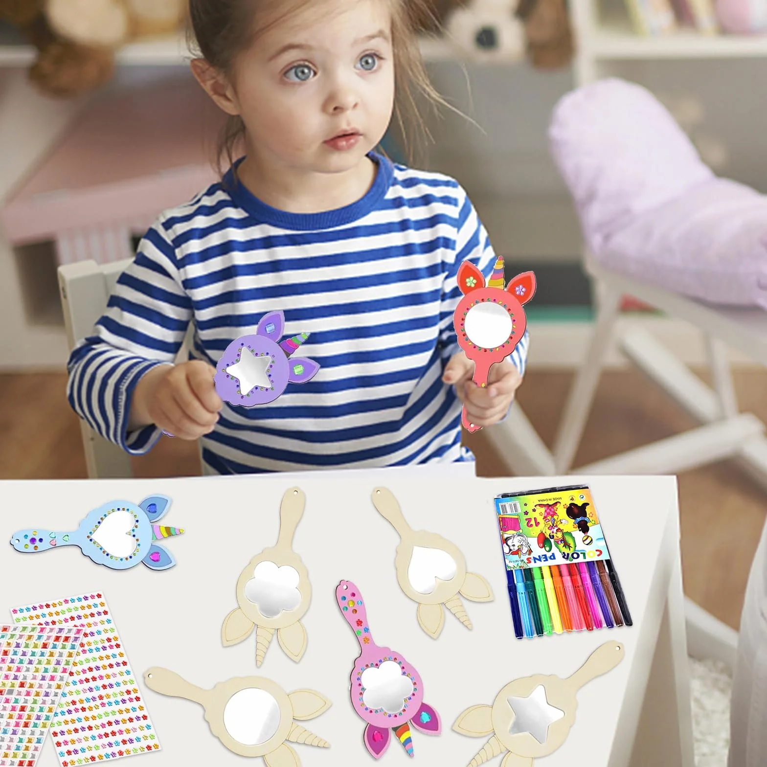 Seasboes Jednorożec, 12 sztuk, drewniane lustro księżniczki, "zrób to sam", do majsterkowania, dla dzieci, rękodzieło, mini drewniane lustro dla dzieci, niedokończone lustro ręczne dla dzieci