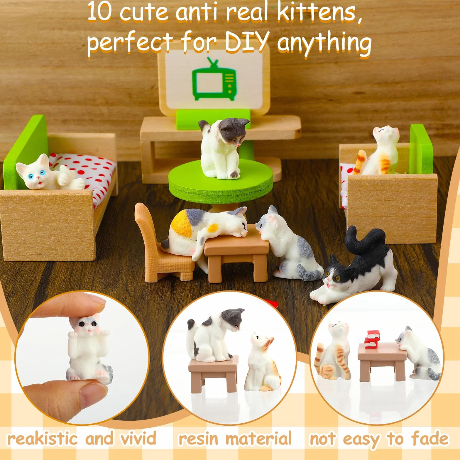 Cobee Domek dla lalek, mini figurki kota, 1:12, realistyczne figurki kociąt, ozdoba na ciasto, miniaturowe statuetki zwierząt, ozdoby do domu, krajobrazu, dekoracja imprezowa, 10 szt