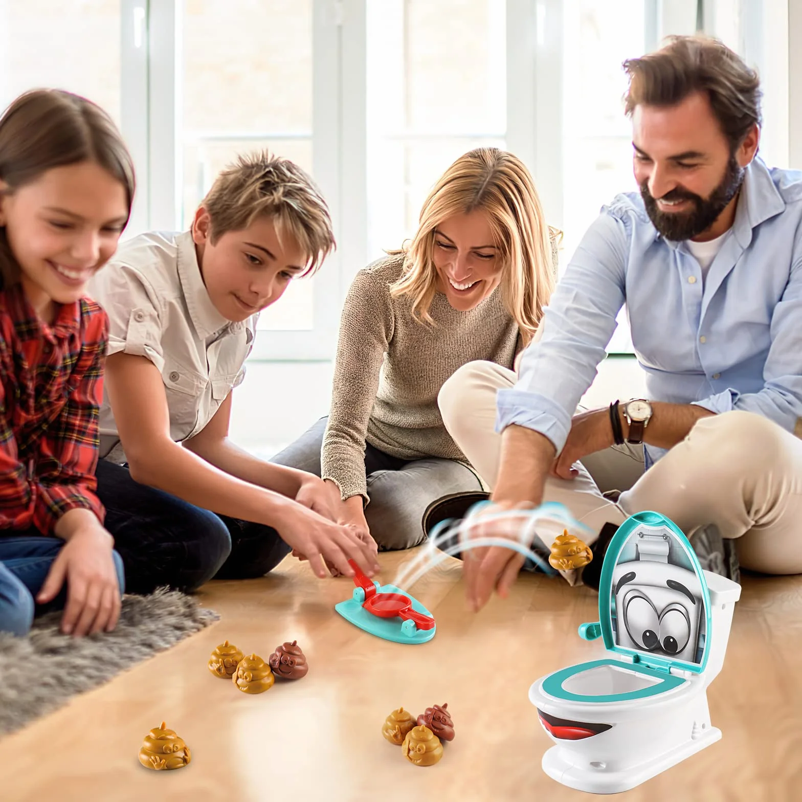 deAO Shoot The Poop Family zabawka, zawiera 12 kulek, 2 wyrzutnie i naklejkę, mini gumowa zabawka do slingshotu, kreatywna gra imprezowa