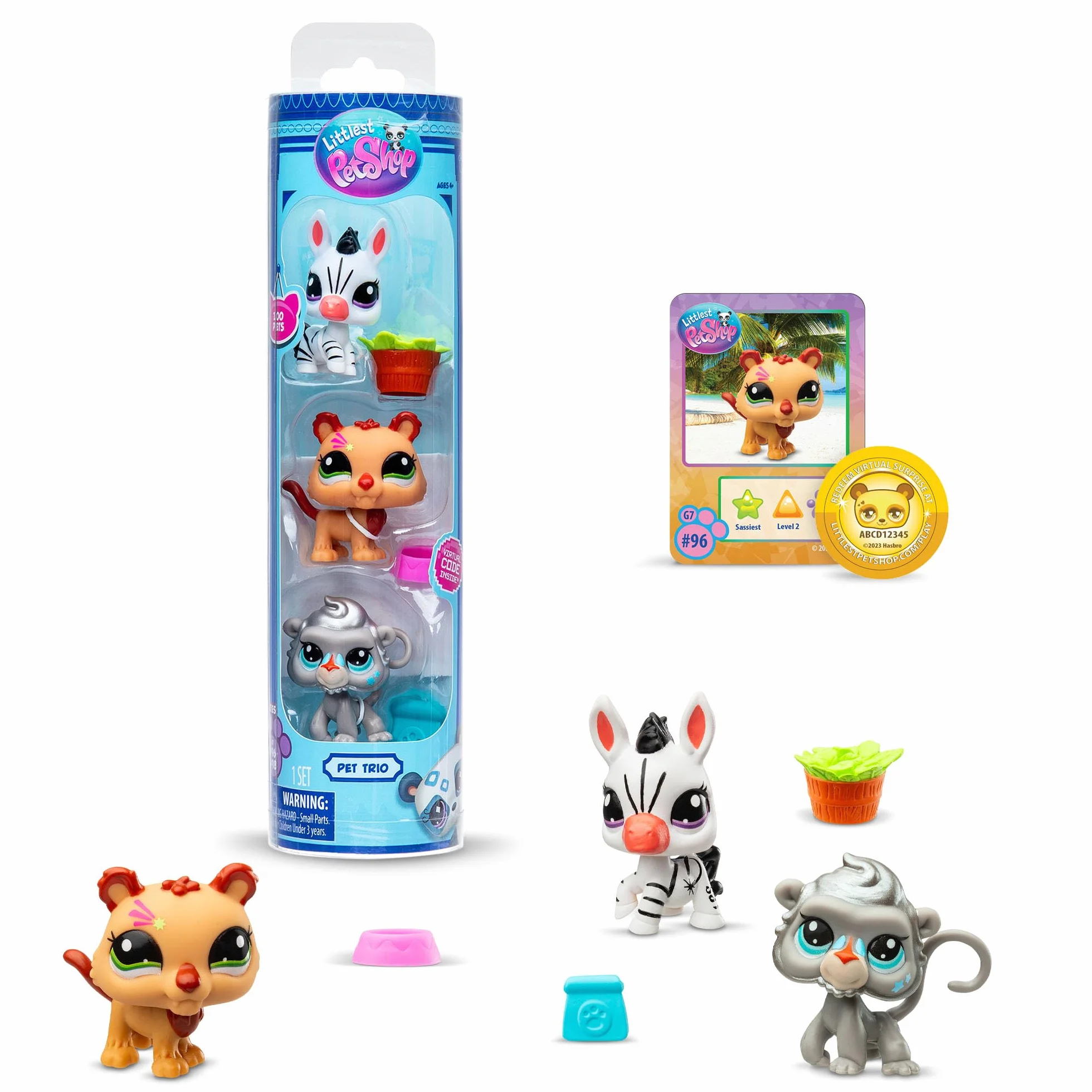 BANDAI Littlest Pet Shop Pack 3 Zoo Pets BF00597 Zestaw 3 Zwierząt, Akcesoria, Karta kolekcjonerska i wirtualny kod, Generacja 7, Zwierzęta #96, #97, #98, Dzieci w wieku 4 lat +