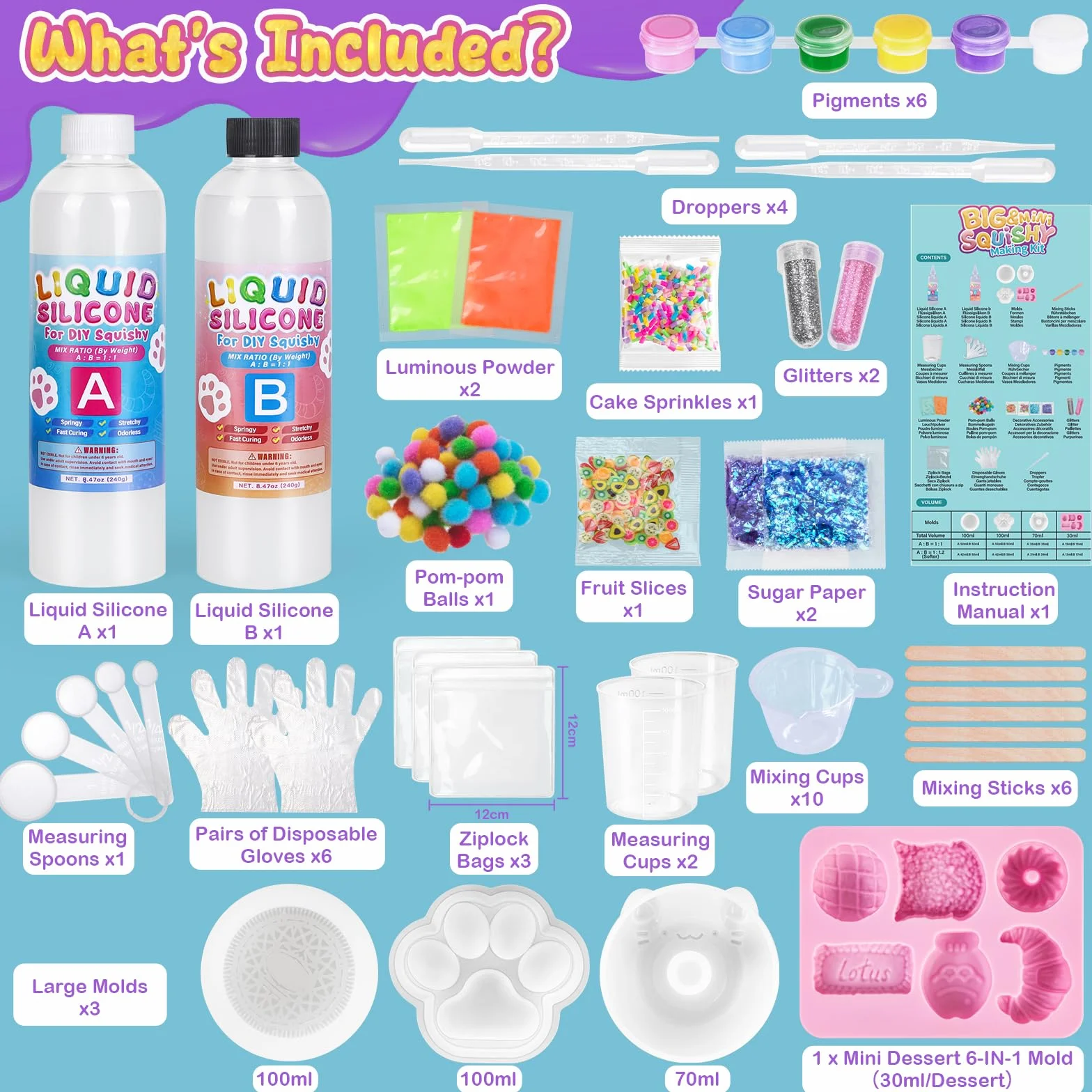 Highttoy Zestaw do tworzenia świecących w ciemności Duży Zabawek Squishy, 480ml 1:1 płynny silikon AB mieszany w stosunku 1:1 gumowe zabawki squishy z 9 foremkami i akcesoriami