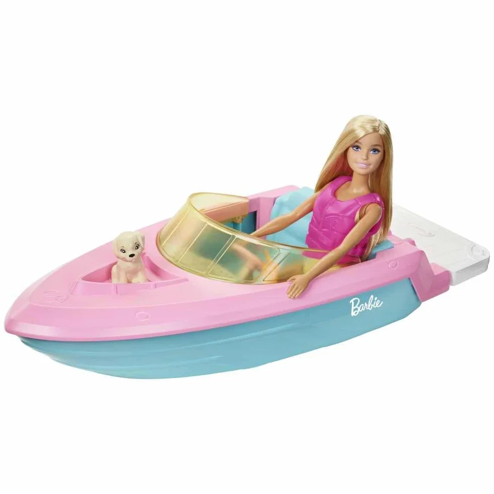 Barbie Zestaw Łodzi Motorowej, Lalka z Blond Włosami, Różowa Kamizelka Ratunkowa, Szczeniak, Akcesoria - Prezenty dla Dzieci od 3 Lat