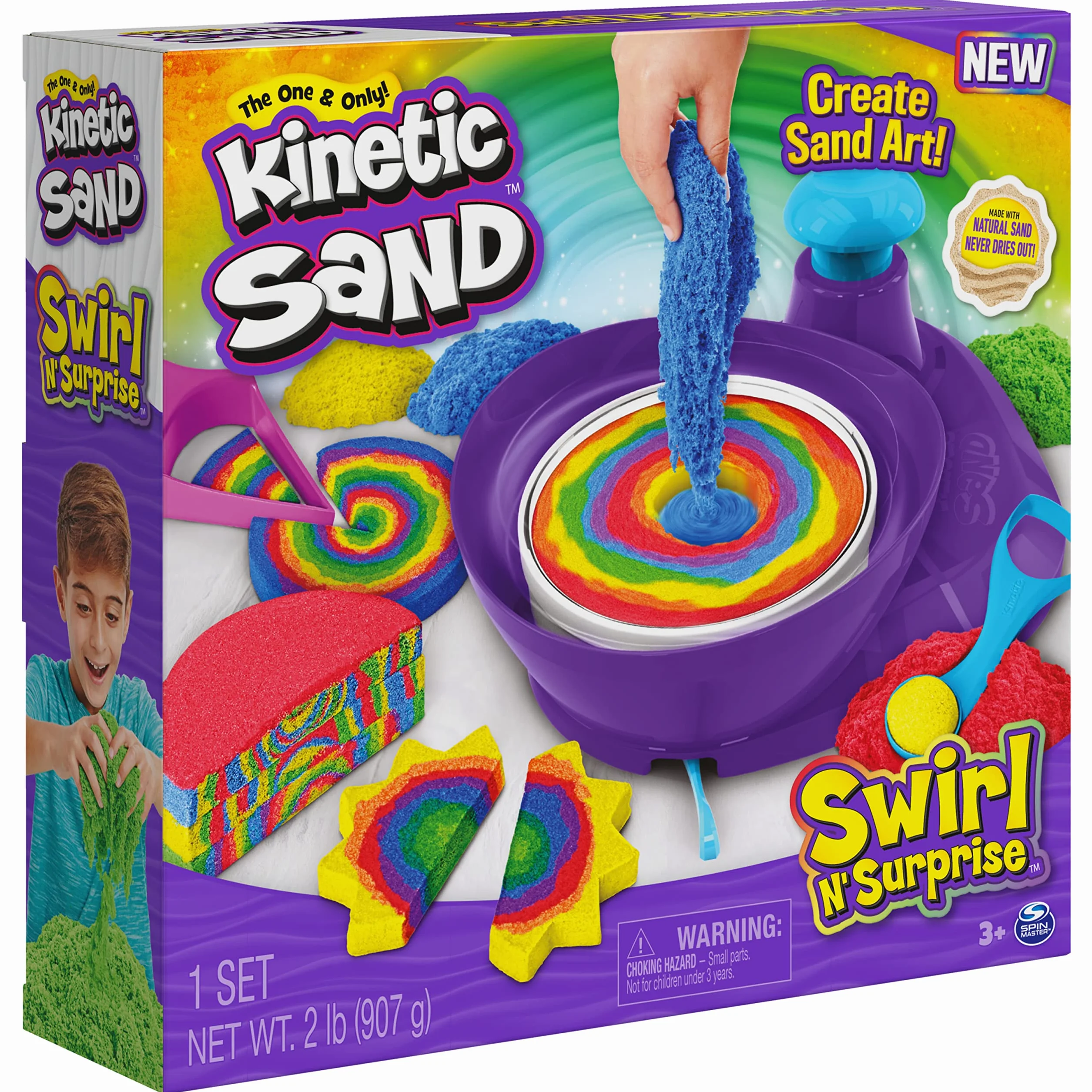 Kinetyczny piasek, zestaw Swirl N’ Surprise z piaskiem do zabawy, w tym czerwonym, niebieskim, zielonym, żółtym i 4 narzędziami, zabawki sensoryczne dla dzieci w wieku 3 lat i starszych