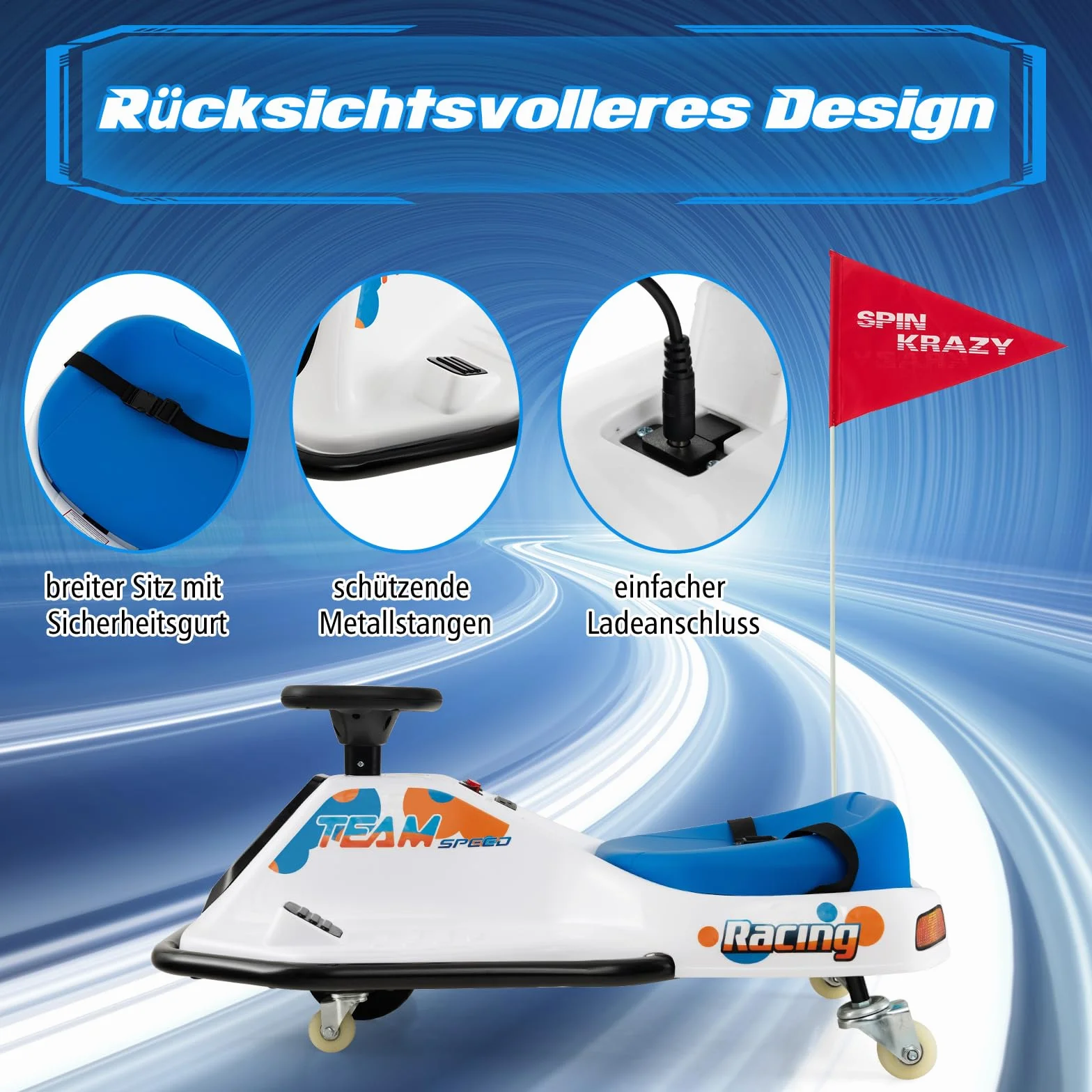 COSTWAY 24V Elektro Gokart, Drift Cart z 3 flagami i Bluetooth oraz USB i muzyką, 9-15 km/h, Go Kart z pedałami, elektromobil z 200 W silnikiem dla dzieci od 3 lat