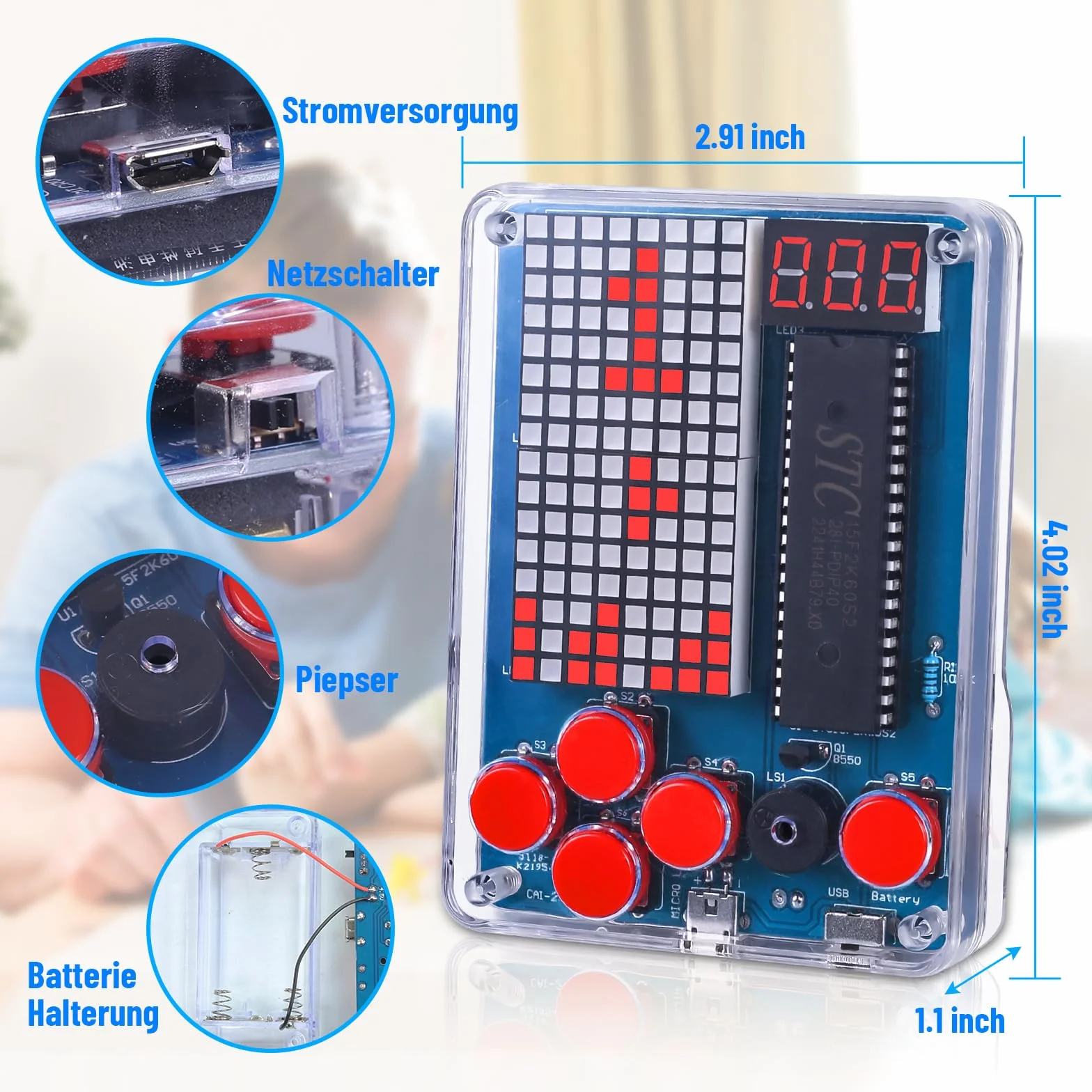 PEMENOL Konsola do gier "zrób to sam" zestaw do montażu elektronicznego, ręczna konsola z czterema grami, akrylowa obudowa, lutowania
