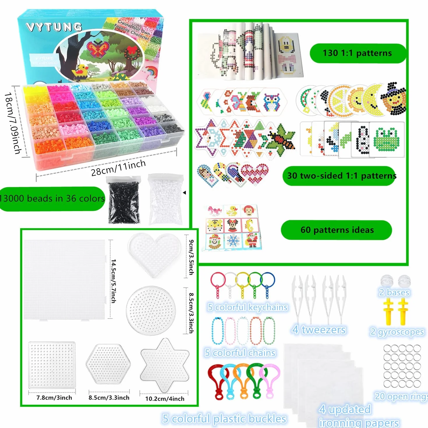 Vytung Zestaw koralików bezpiecznikowych, 36 kolorów, 5 mm, 220 kart, 6 pegboardów, zestaw koralików bezpiecznikowych dla dzieci, plastikowe koraliki i żelazko do zestawu koralików bezpiecznikowych,